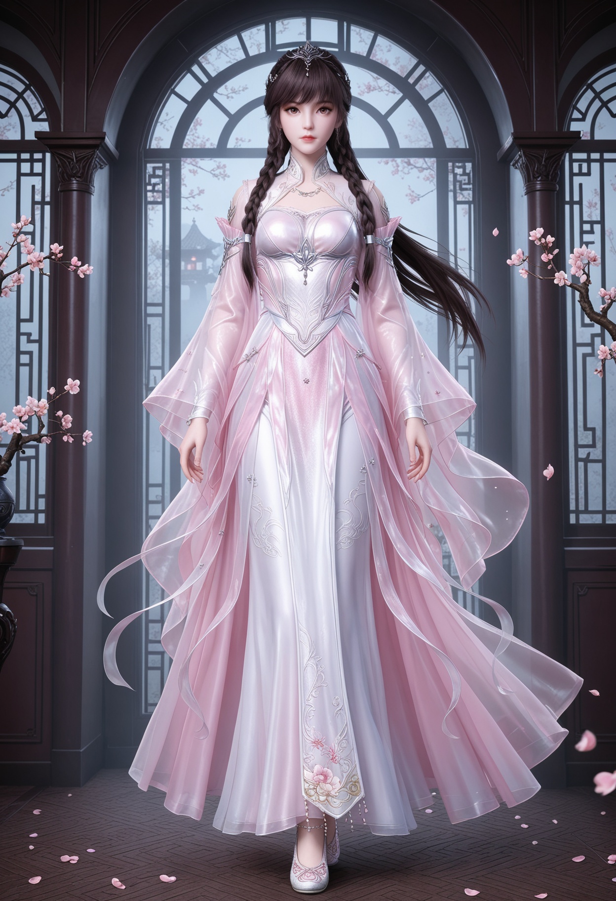 (standing full_body:1.1),(looking at viewer:1.1),masterpiece,(best quality),smog,Dark room,dim lighting,peach blossom,falling petals,<lora:YQ_Illustrious光辉v5_小舞_神装1_V1:0.8>,q1528437228,1girl,solo,long hair,braid,dress,brown hair,hair ornament,white dress,jewelry,detached sleeves,pink dress,tiara,black hair,long sleeves,brown eyes,necklace,earrings,twin braids,pink eyes,collar,shoes,high heels,white footwear,