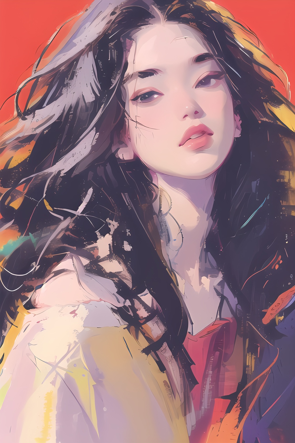 (masterpiece,best quality,ultra_detailed,highres,absurdres:1.2)),1girl, focus,solo, simple background, upper body, purple shirt,   long hair,parted lips,hand on own shoulder,red background,  <lora:sketch_20240609143315-000005:0.8>