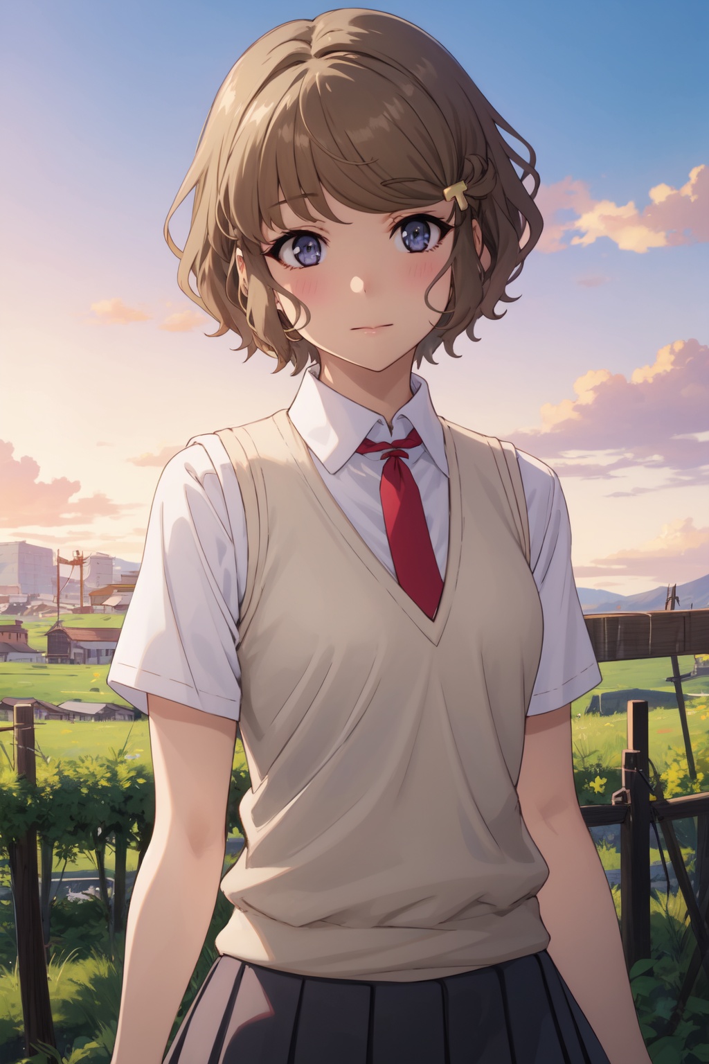 <lora:Tomoe-000014:0.8>,Tomoe CYQL,1girl,looking at viewer,solo,short_hair,brown_hair,bangs,blue_eyes,hair_ornament,blush,school_uniform,shirt,white_shirt,sweater_vest,necktie,collared_shirt,short_sleeves,skirt,pleated_skirt,vest,drunk,upper_body,Sunset, Vineyard, Grapes, Sky, Colors, Horizon, Serenity, Harvest,(Rose bushes, Spring blooms, Garden sanctuary, Fragrant air, English countryside, Springtime charm:0.5),beautiful detailed sky,beautiful detailed glow,posing in front of a colorful and dynamic background,masterpiece,best quality,beautiful and aesthetic,contrapposto,female focus,wallpaper,