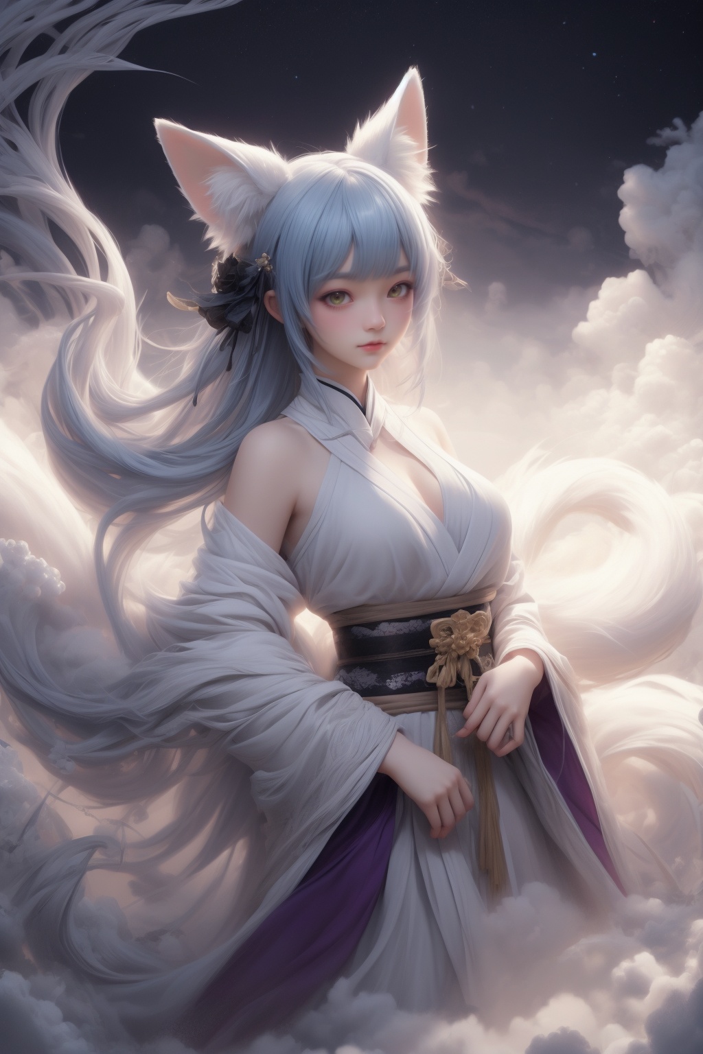 (masterpiece, best quality),(nsfw:0.33),finely detail,huge filesize,Clouds,mist,(ancient Chinese architecture:1.2),ethereal atmosphere,gardens,landscape,orange Nebula,green starry,sliver starry_moon,white tornado,loli,solo,small breasts,kitsune,violet,gold,(gradient hair:1.7),gradient eyes,fox ears,fox tail,fate/extra ccc fox tail,Taoist robe,standing,