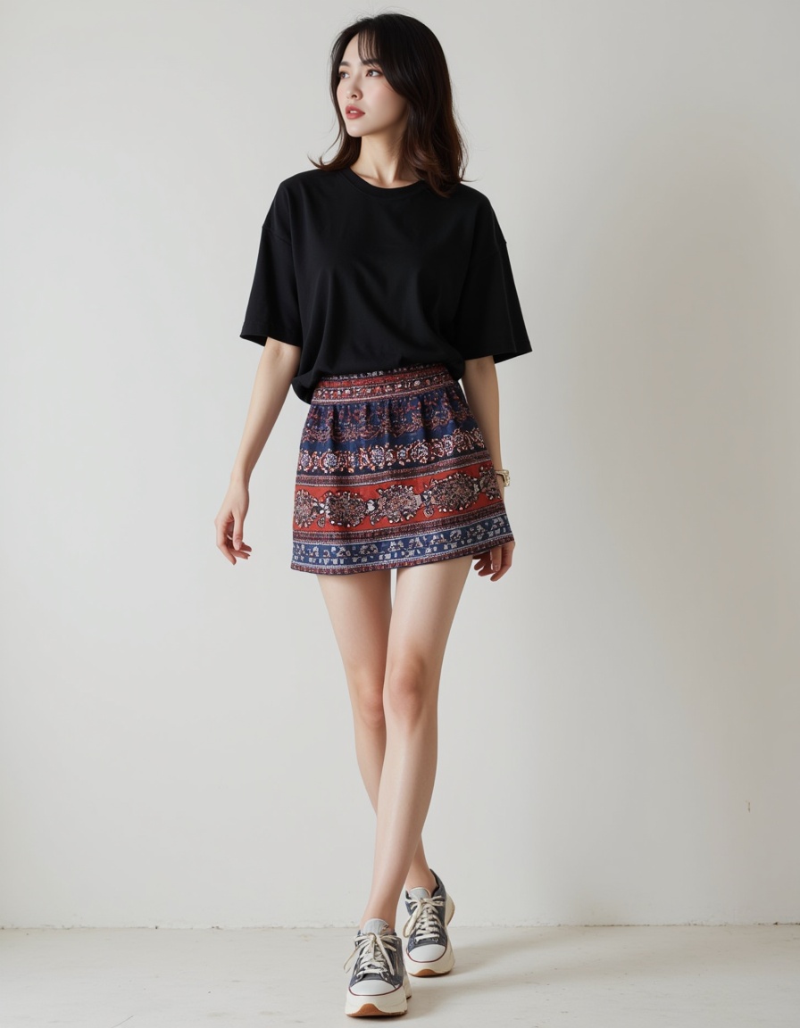 Printed mini skirt,black tee,sneakers,a real picture of a south korea woman,