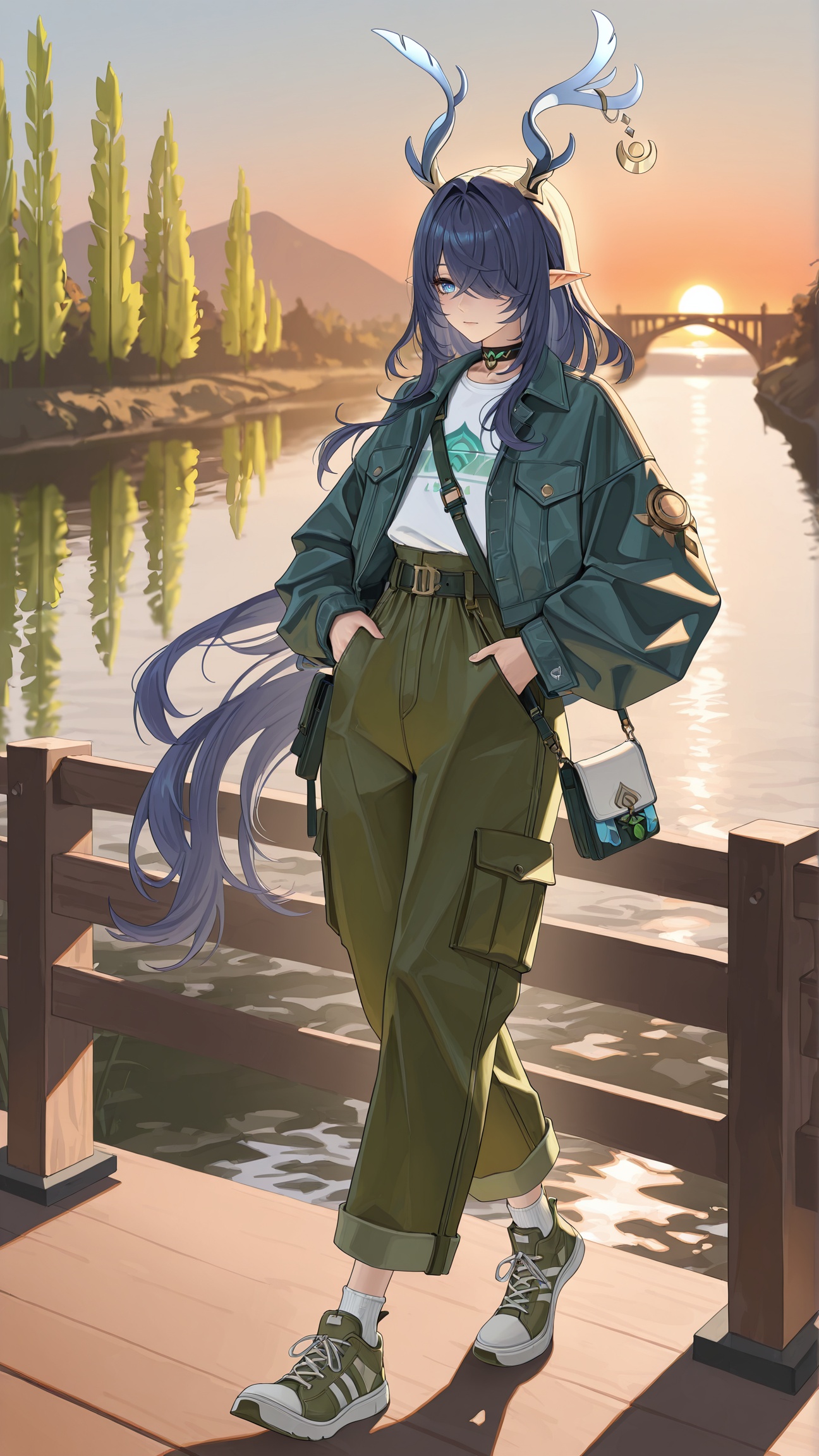 masterpiece,best quality,amazing quality,<lora:lauma_(genshin_impact)-000018:0.8>,lauma \(genshin impact\),1girl,pointy ears,hair over one eye,blue eyes,blue hair,<lora:20250808-1754650692631:0.8>,antlers,zhigan3d,flat chest,1girl,solo,cargo_style,olive_green_cargo_pants,high_waisted_pants,belted_waist,white_cotton_t-shirt (inner),oversized_denim_jacket,black_canvas_sneakers,ankle_socks,crossbody_utility_bag,walking,looking_at_river,riverfront_promenade,wooden_plank_path,willow_trees,river_water,evening_breeze,sunset_glow,distant_bridge,passersby (blurred),hands_in_pants_pockets,