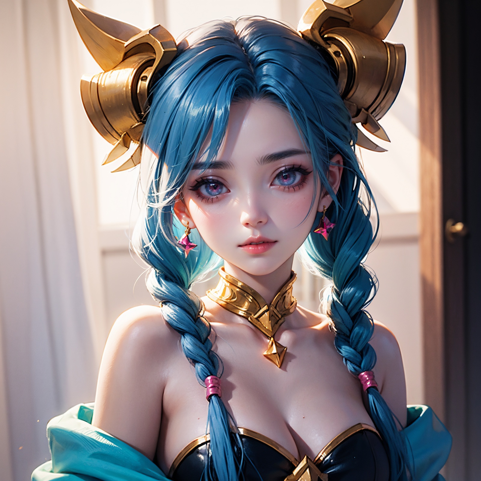 Draw a light on a blue,faced k-pop girl,(masterpiece:1.2),hi-res,4k,extremely delicate and beautiful art,pastel color,jinx_/(league of legends/),pink eyes,blue hair,[twin braids],portrait,