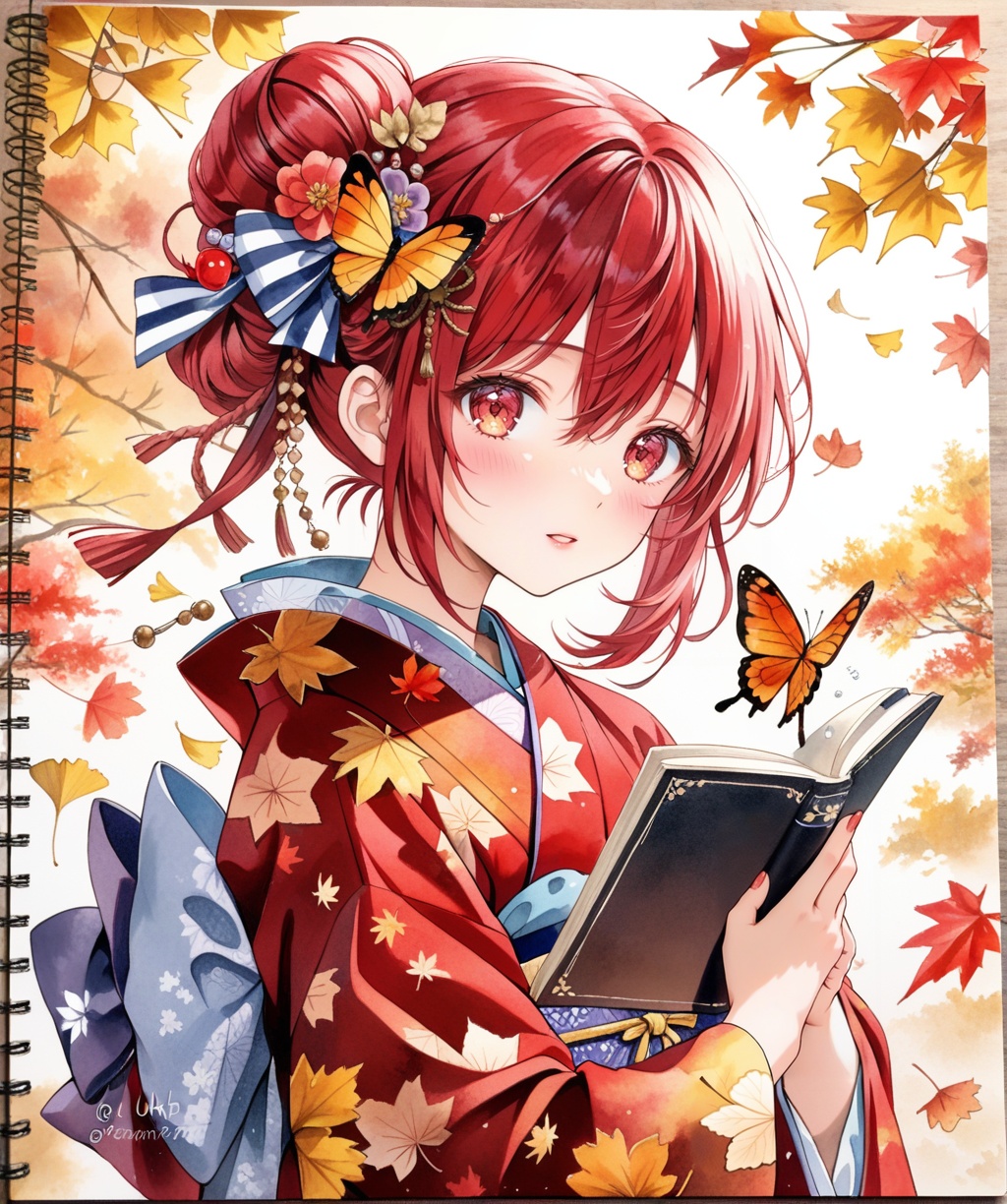1girl, bug, japanese clothes, solo, butterfly, traditional media, kimono, leaf, painting (medium), watercolor (medium), holding, red hair, autumn leaves, flower, book, hair ornament, bangs, floral print, blush, upper body, holding book, bow, long sleeves, hair bow, medium hair, twitter username, long hair, maple leaf, ginkgo leaf, yellow butterfly, hair flower, brown eyes, striped bow, striped, wide sleeves, autumn, hair bun, print kimono, red eyes, falling leaves, looking at viewer, ribbon, notebook, hair between eyes, parted lips, hair ribbon,(UHD),anatomically correct,accurate,textured skin,super detail,high details,award winning,best quality,high quality,retina,HD,16k,1080P,