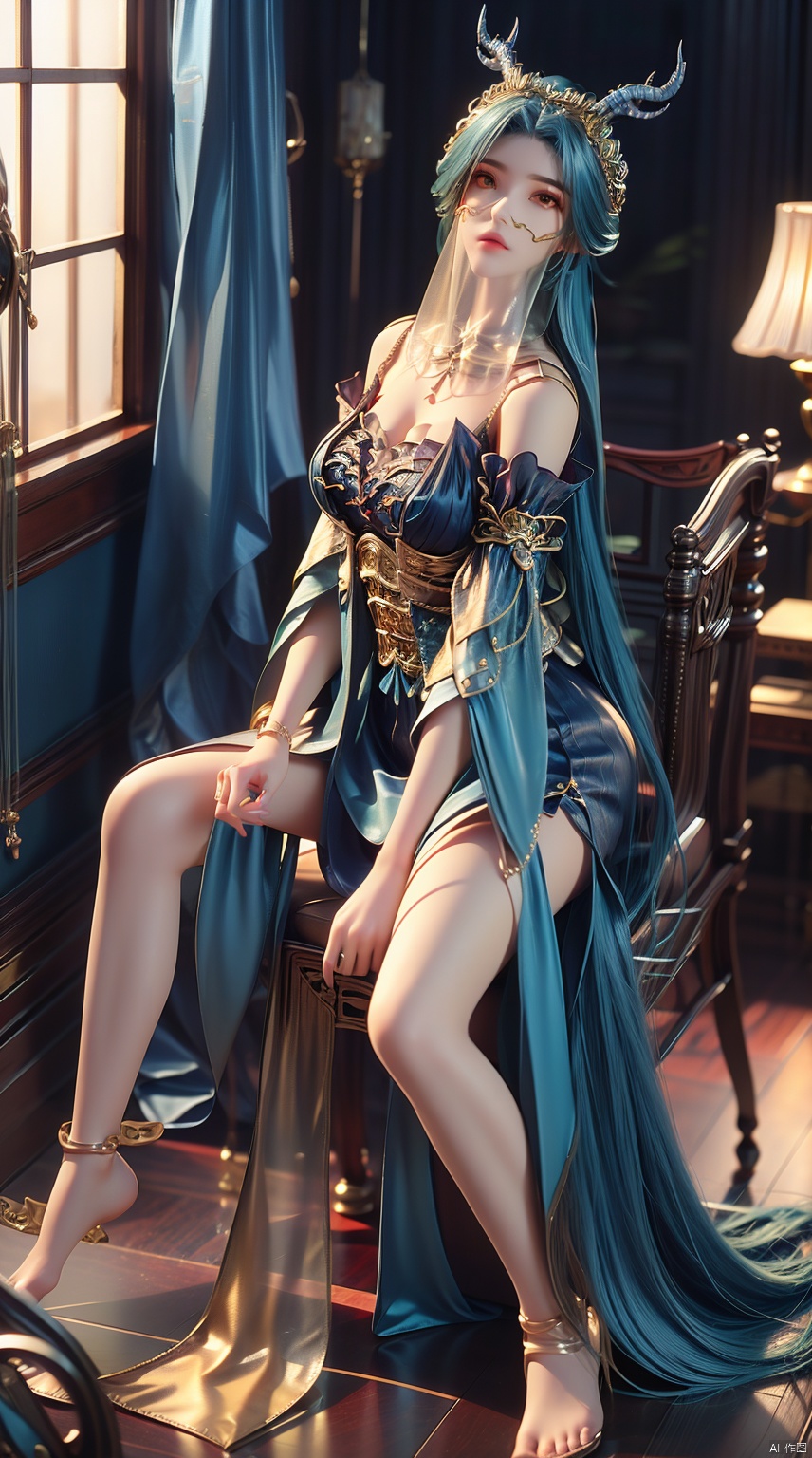 1girl, solo, long hair, looking at viewer, bare shoulders, closed mouth, blue hair, yellow eyes, upper body, horns, blurry, lips, blurry background, veil, realistic, ((poakl)),full-body,Perfectly proportioned,ray tracing,Bare Feet,shiny_skin,oil,Show your long legs,Red high heels,Kneeling,Body lean forward,Sit on the chair<lora:EMS-410555-EMS:0.800000>, <lora:EMS-346315-EMS:0.700000>