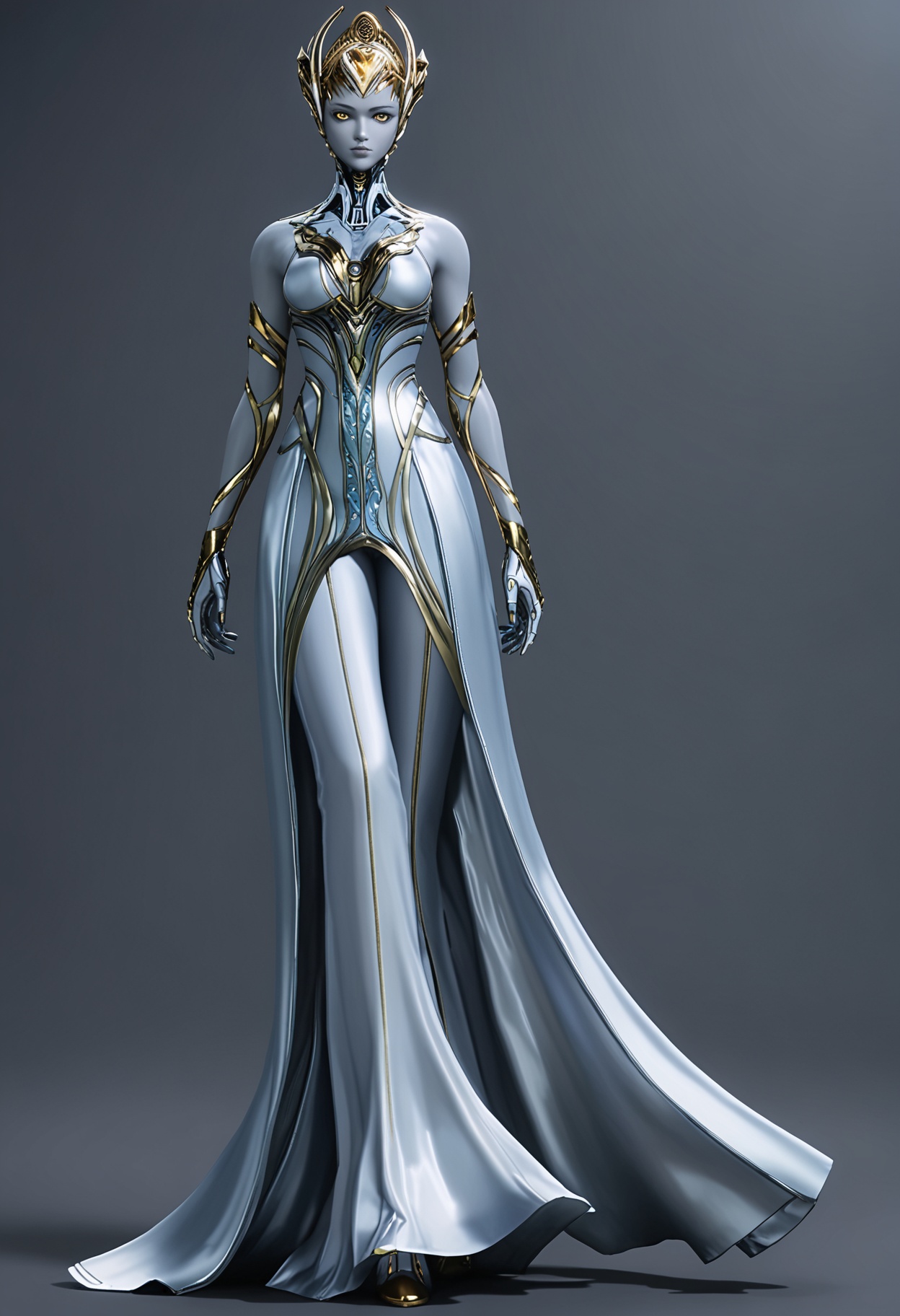 (looking_at_viewer:1.2),full body,<lora:YQ_pony_longyuwang_V4:0.8>,q1528437228,solo,1girl,colored skin,yellow eyes,grey skin,blue skin,helmet,metal skin,dress,armor,bodysuit,blue dress,long dress,white dress,gloves,jewelry,armlet,long skirt,simple background,pure black background,black background,