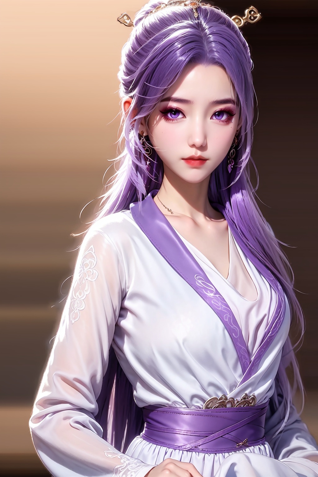 1girl, purple hair, long hair, hair ornament, earrings, upper body, jewelry, dress, purple eyes, long sleeves, solo, looking at viewer, blurry background, closed mouth, white dress, ponytail, blurry,<lora:SD1.5自用云霄>,