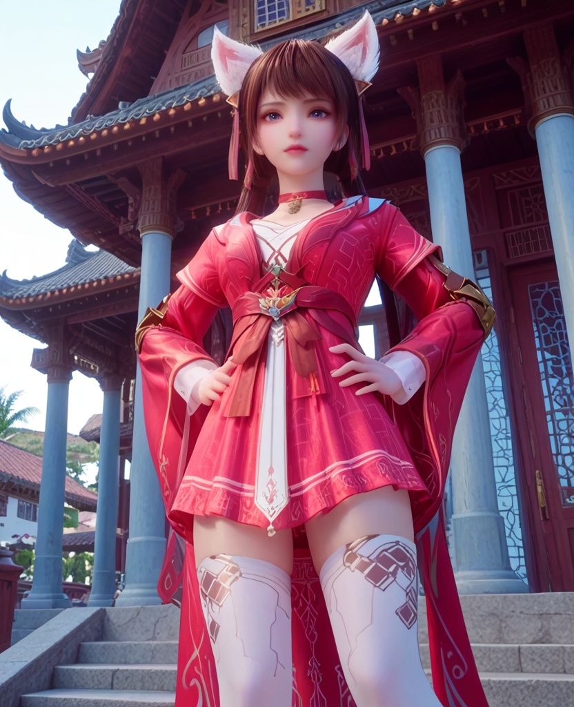 (oriental architecture, elegant decor, sophisticated style:1.1),(Standing with legs wide apart, hands on hips,:1.1),(breasts:1.2),<lora:XL宗门卧底姜雀:0.95>,miss jiangque,red dress,choker,blue eyes,mole under right eye,bangs,brown hair,twintails,fake fox ears,flare sleeveswhite lining,white thighhighs,sash,white lining,, score_9,score_8_up,score_7_up,score_6_up,score_5_up,score_4_up,3d rendering,tag1,tag2, Cinematic Lighting,backlighting,
