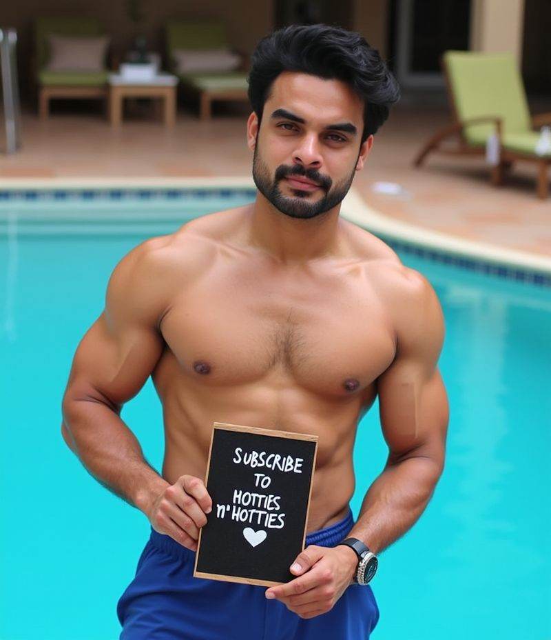 tovino thomas ,  standing by the pool in speedos holding a board in hand with written text "Subscribe to HottiesnHotties"...