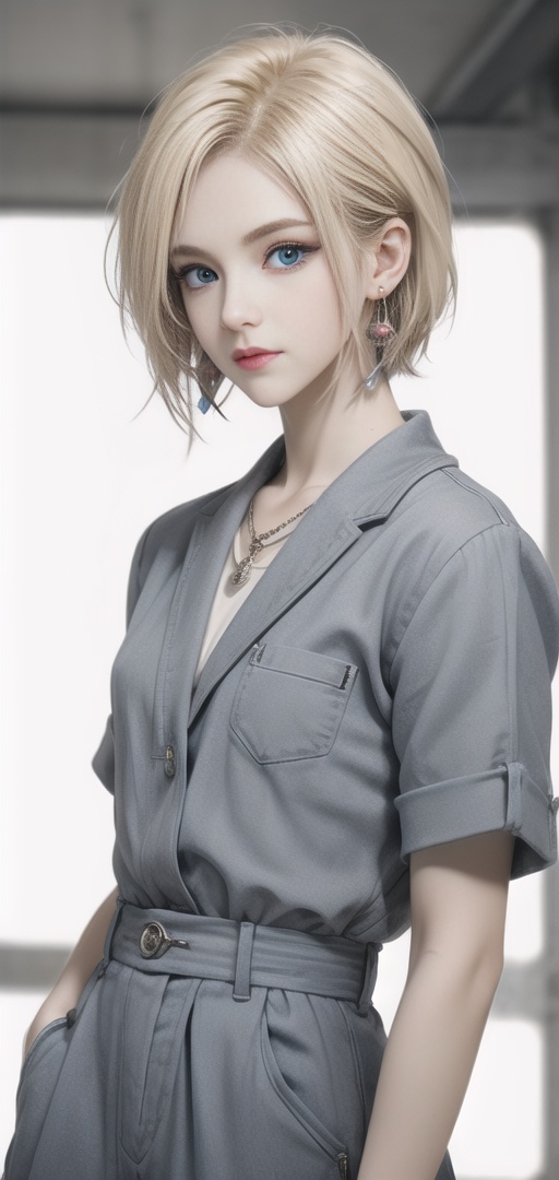 18hao,1girl,solo,blonde hair,blue eyes,earrings,jewelry,short hair,looking at viewer,android 18,<lora:18hao:0.8>,