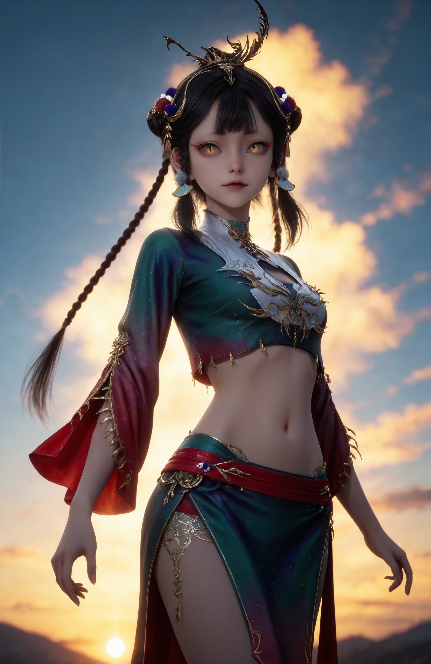 <lora:牧神记-仙清儿IL:0.7> 1girl, black hair, long hair, hair rings, hair bun, braid, hair ornament, jewelry, yellow eyes, crop top, chinese clothes, skirt, midriff, navel, red footwear, realistic style photo,outstanding style,Use soft lighting to cast gentle shadows on the subject,adding a touch of dimension to your images without compromising details,whirls of vapor,(Anime:1.1),soft neon light,ethereal ambiance,delicate details,magical atmosphere,concept art,highly detailed,ultra-high resolution,32K UHD,sharp focus,best-quality,masterpiece,golden hour,unconventional supreme masterpiece,masterful details,temperate atmosphere,with a high-end texture,in the style of fashion photography,magazine style,Dynamic Angle,Dynamic posture,magazine style,Dynamic Angle,Dynamic posture,(cowboy_shot:1.2),eye trail,depth of field,cinematic lighting,lens flare,close-up,extreme aesthetic,(wlop:0.6),(honjou raita,lack,rella,wanke:0.5),masterpiece,best quality,good quality,newest,year 2025,very aesthetic,absurdres,Visual impact,A shot with tension,ultra-high resolution,32K UHD,sharp focus,best-quality,masterpiece,Emotionalization,unconventional supreme masterpiece,masterful details,temperate atmosphere,with a high-end texture,in the style of fashion photography,(Visual impact:1.2),giving the poster a dynamic and visually striking appearance,