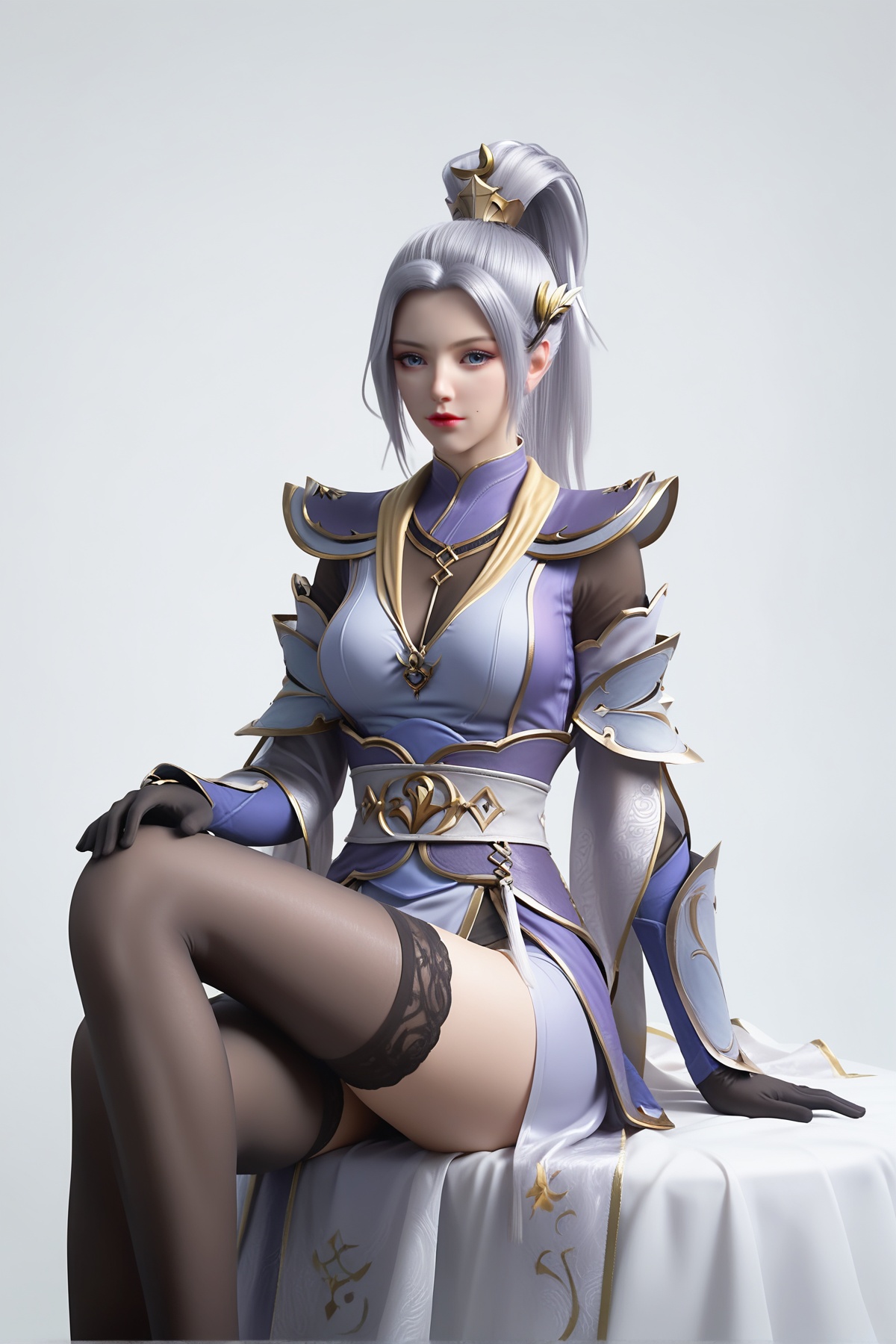 score_9,score_8_up,score_7_up,<lora:wy_hanyue_XL7.0:0.8>,1girl,solo,ponytail,thighhighs,gloves,long hair,black gloves,grey hair,hair ornament,black thighhighs,armor,breasts,dress,simple background,white_background,sitting,looking_at_viewer,blue eyes,