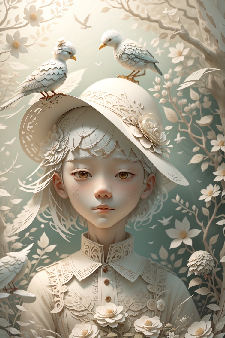 (A boy),Paper carving art,bird,solo,fantasy - inspired art,digital art wonders,flower,hat,short hair,white hair,white flower,<lora:Paper carving art纸雕艺术:1.2>,Clean background,暖色,温暖的光线,