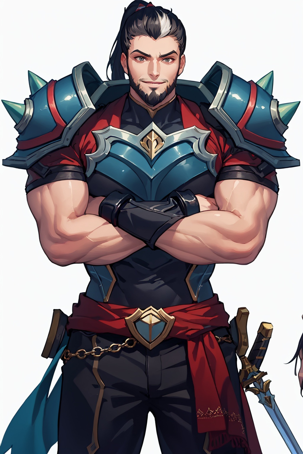 masterpiece,best quality, highly detailed, darius (league of legends),male focus, ponytail, crossed arms, shoulder armor, smile, 1boy, o-ring, muscular, sword, beard, simple background, white background, spikes, 2boys,<lora:darius_(league_of_legends):1>