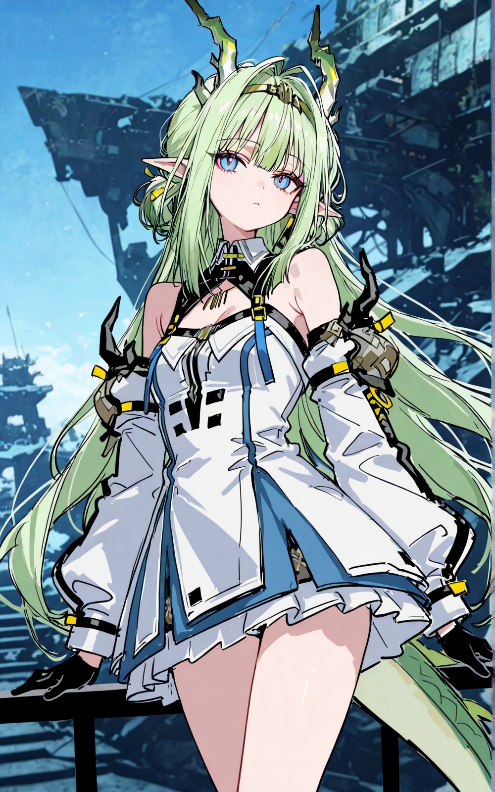 long green hair,  pointed ears,  horns on Tensor.Art