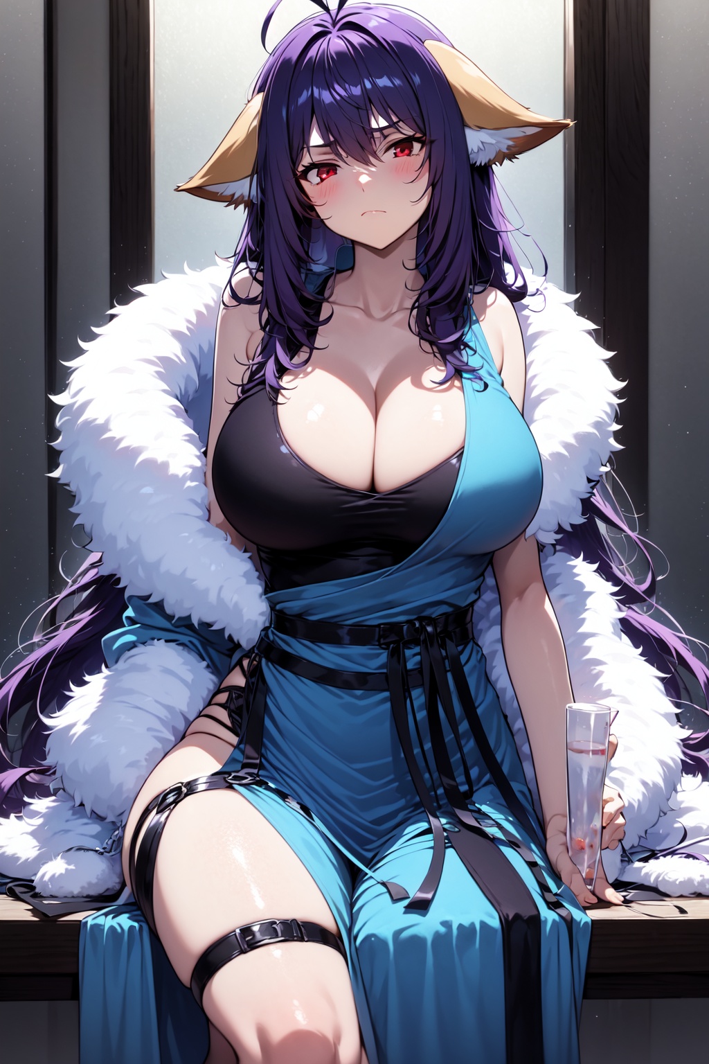 <lora:01涂山雅雅第一版:1>,1girl,breasts,large breasts,long hair,solo,animal ears,cleavage,sitting,looking at viewer,dress,blue dress,purple hair,sash,blush,ahoge,bangs,collarbone,thigh strap,closed mouth,sleeveless,very long hair,bare shoulders,thighs,hair between eyes,antenna hair,indoors,red eyes,arm support,frown,belt,brown eyes,side slit,