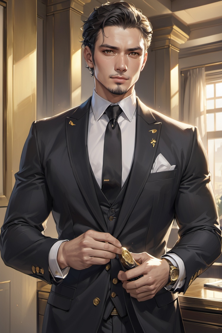 masterpiece,best quality,1man,realistic anime art style,black,gold,suit