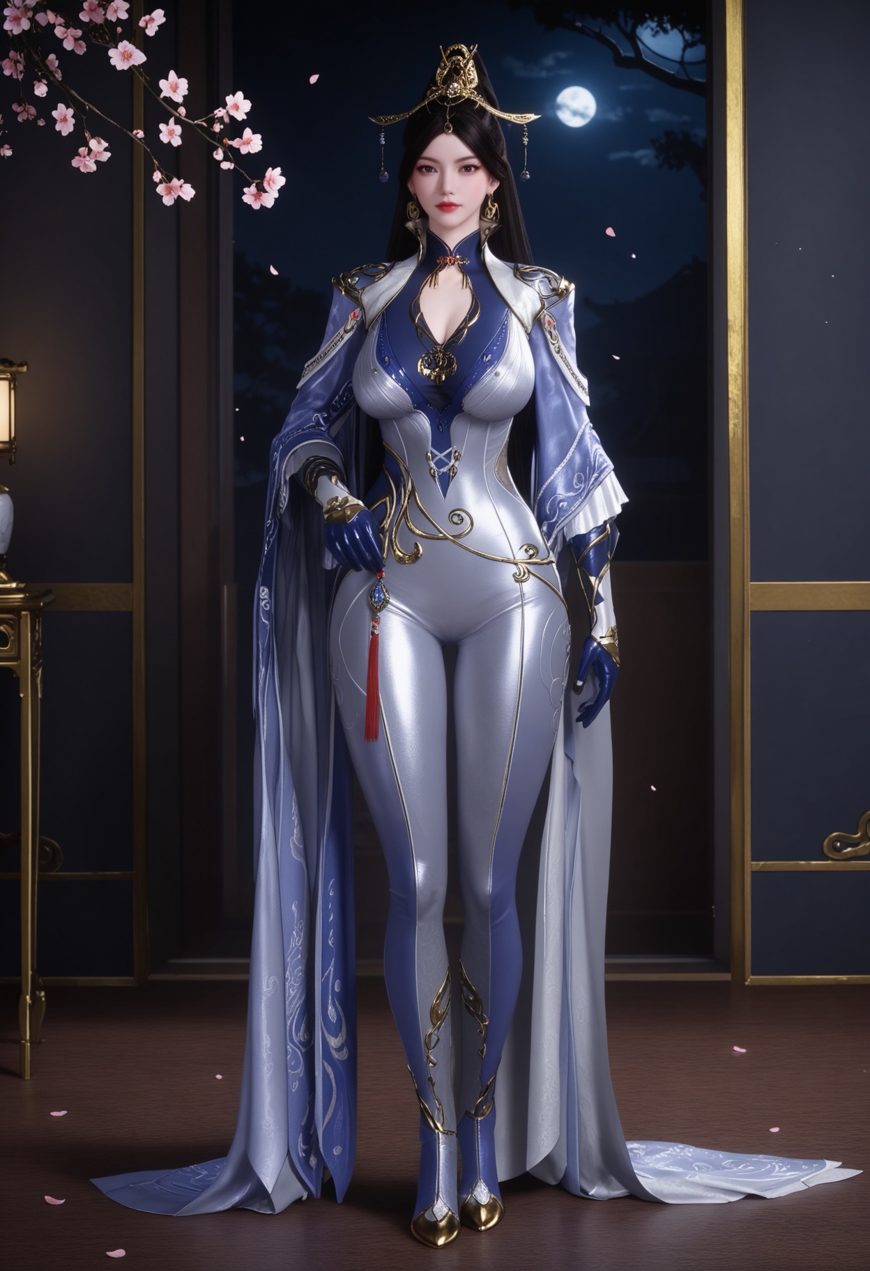 (full_body:1.2),(gigantic breasts:0.6),Perky boobs,(looking at viewer:1.1),facing viewer,direct gaze,(masterpiece:1.1),(best quality:1.2),(intricate details),(smog:1.3),(Dark room:1.3),(dim lighting:1.3),peach blossom,falling petals,<lora:YQ_Illustrious光辉v5_秋清儿_V1:0.8>,1girl,q1528437228,solo,black hair,jewelry,earrings,long hair,hair ornament,ponytail,dress,gloves,chinese clothes,bodysuit,black eyes,cape,high heels,pantyhose,masterpiece,(best quality),(intricate details:0.9) BREAK (intricate details:0.9),(realistic skin:1.2),masterpiece,best quality,newest,absurdres,hiahres,