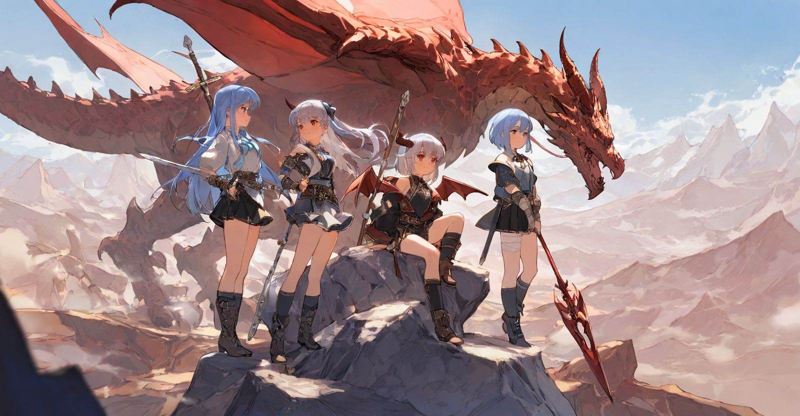 highres,extremely detailed 8k wallpaper,illustration,depth of field,great quality,masterpiece,best quality,amazing quality,very aesthetic,absurdres,Japanese fantasy style,artist:ciloranko BREAK<lora:Japanese fantasy style:0.8>, -multiple girls, weapon, holding, sitting, skirt, 3girls, outdoors, long hair, holding weapon, standing, wings, polearm, sky, rock, blue hair, horns, short hair, cloud, open mouth, holding polearm, dragon, red eyes, sword, socks, boots, fantasy, spear, pleated skirt, day, bare shoulders, red wings, grey hair, mountain, bandages, black skirt, closed mouth, shirt, smile, jacket, belt, bow, shorts, blue eyes