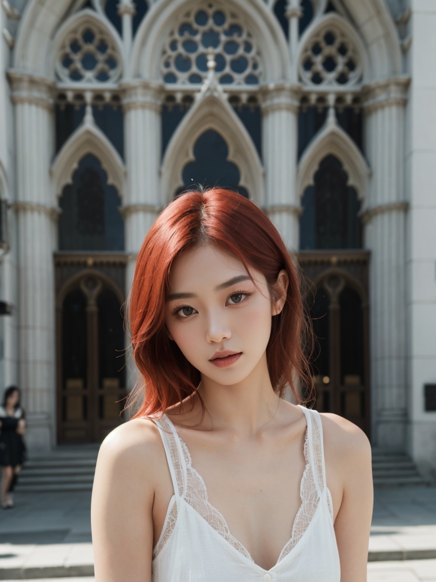 portrait of beautiful asian fashion model with pale red hair,  ethereal dreamy foggy,  photoshoot by Annie Leibovitz on Te...