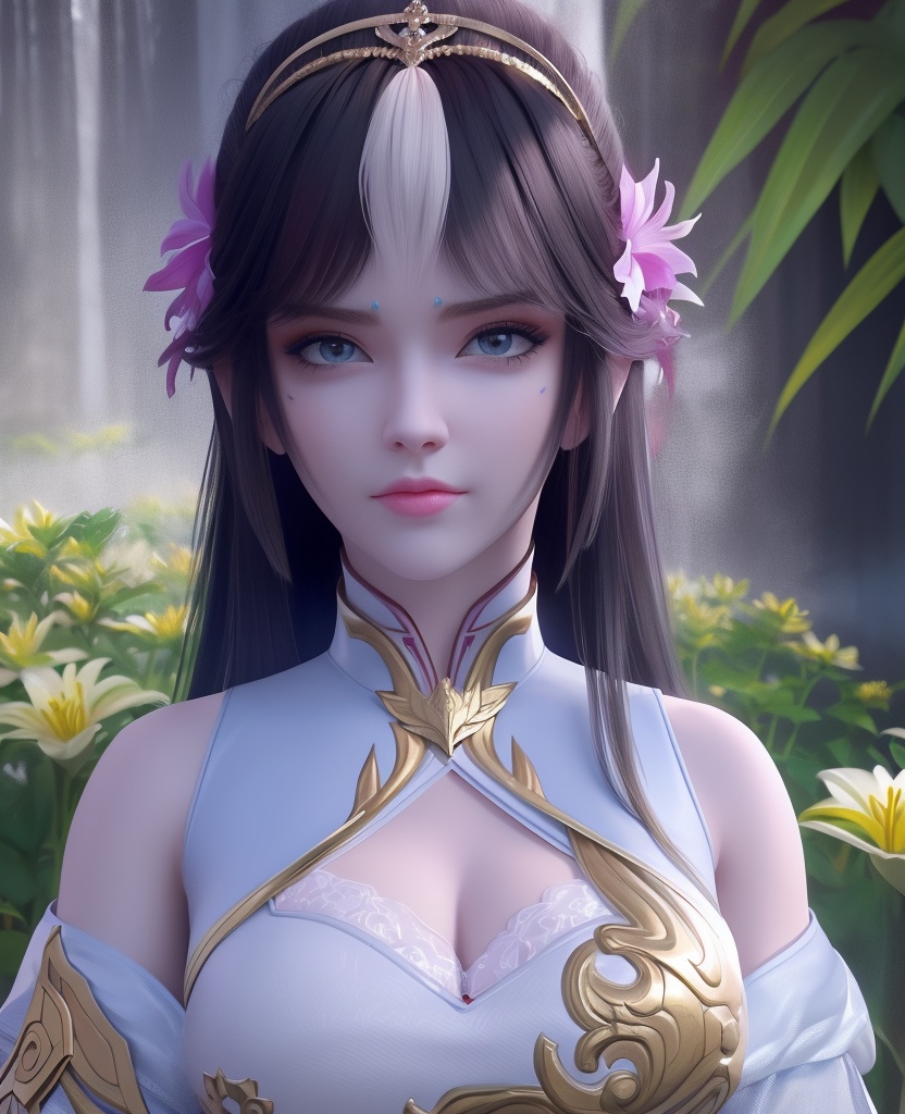 <lora:651-DA-斗破苍穹-凤清儿:0.8>(,1girl, ,best quality, ),looking at viewer,  ,ultra detailed 8k cg,ultra detailed background,ultra realistic 8k cg,1girl, solo,(bare shoulders:0.85),(masterpiece, best quality),((oil painting style)),sexy young lady,(beautiful face and eyes),(upper body:1.5),(whole body:1.05),(single person:1.2),surrounded by flowers, (lily), roses, floret, vegetation, white, purple, purplish pink,Impressionism,colorful,(Breast size:1.3),(cleavage),