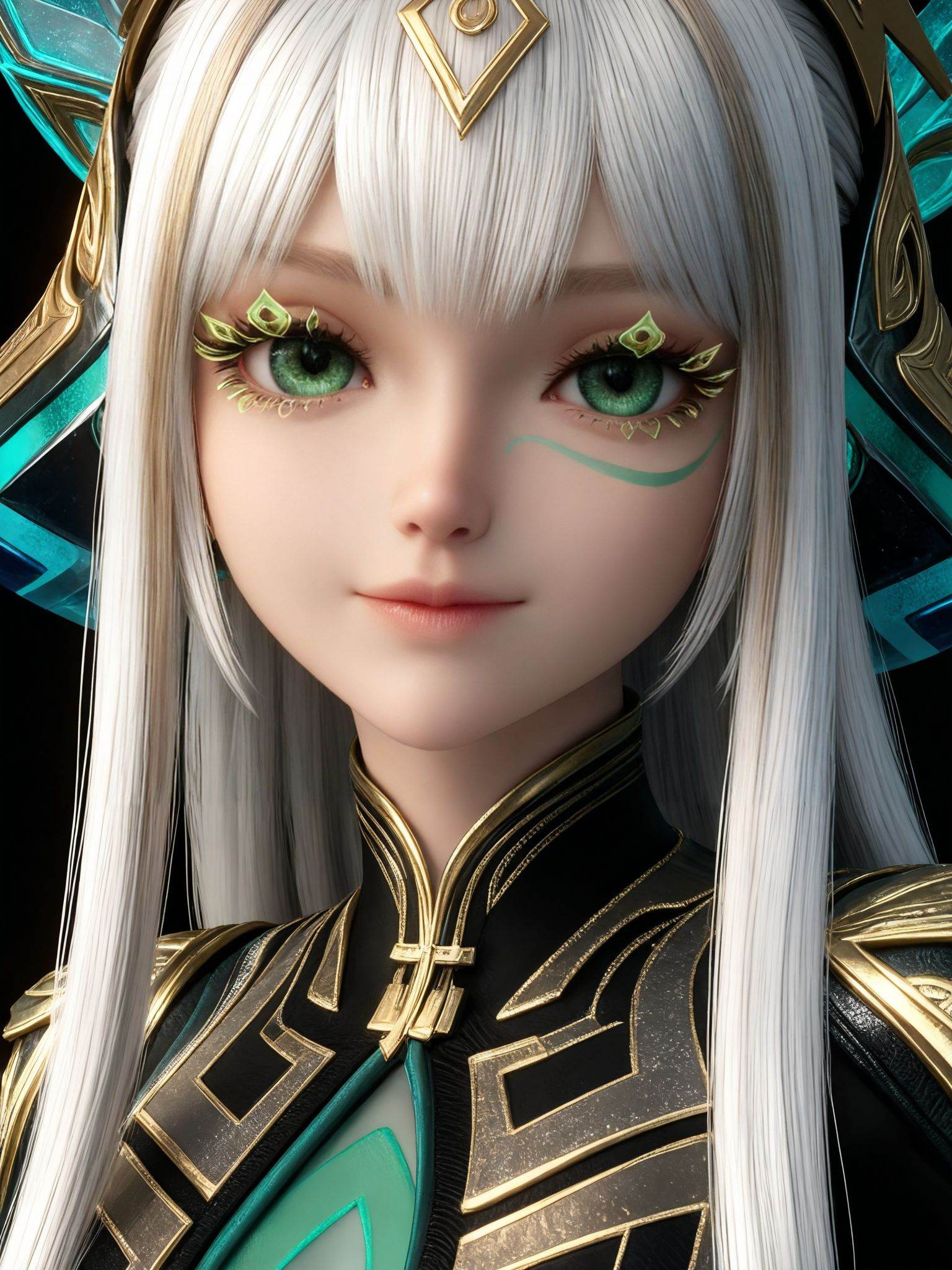 <lora:少司缘-巫礼祀神IL:0.8>,1girl,long,flowing white hair,green eyes,headpiece,luxurious,high-collared,form-fitting teal and gold,with intricate patterns outfit,high collar,long,flowing sleeves,, Close-up details,realistic style photo outstanding style,Use soft lighting to cast gentle shadows on the subject,adding a touch of dimension to your images without compromising details,score_9,score_8_up,score_7_up,looking at viewer,