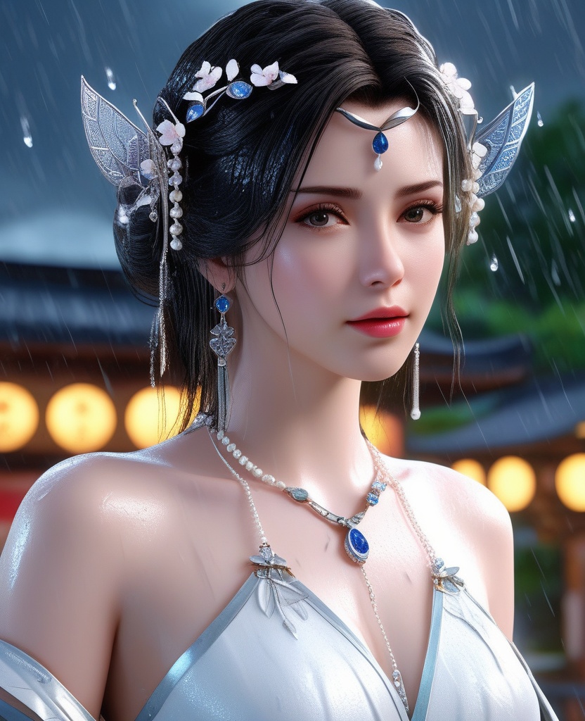 <lora:604-DA-XL-星辰变-姜立V2-新衣:0.8>(,1girl, ,best quality, ),looking at viewer, ,ultra detailed 8k cg, ultra detailed background,  ultra realistic 8k cg,          cinematic lighting, cinematic bloom, (( , )),,  , unreal, science fiction,  luxury, jewelry, diamond, pearl, gem, sapphire, ruby, emerald, intricate detail, delicate pattern, charming, alluring, seductive, erotic, enchanting, hair ornament, necklace, earrings, bracelet, armlet,halo,masterpiece, (( , )),, realistic,science fiction,mole, ,cherry blossoms,(((, , ultra high res, (photorealistic:1.4), raw photo, 1girl, wet clothes, rain, sweat, ,wet, )))(( , ))   (cleavage), (),