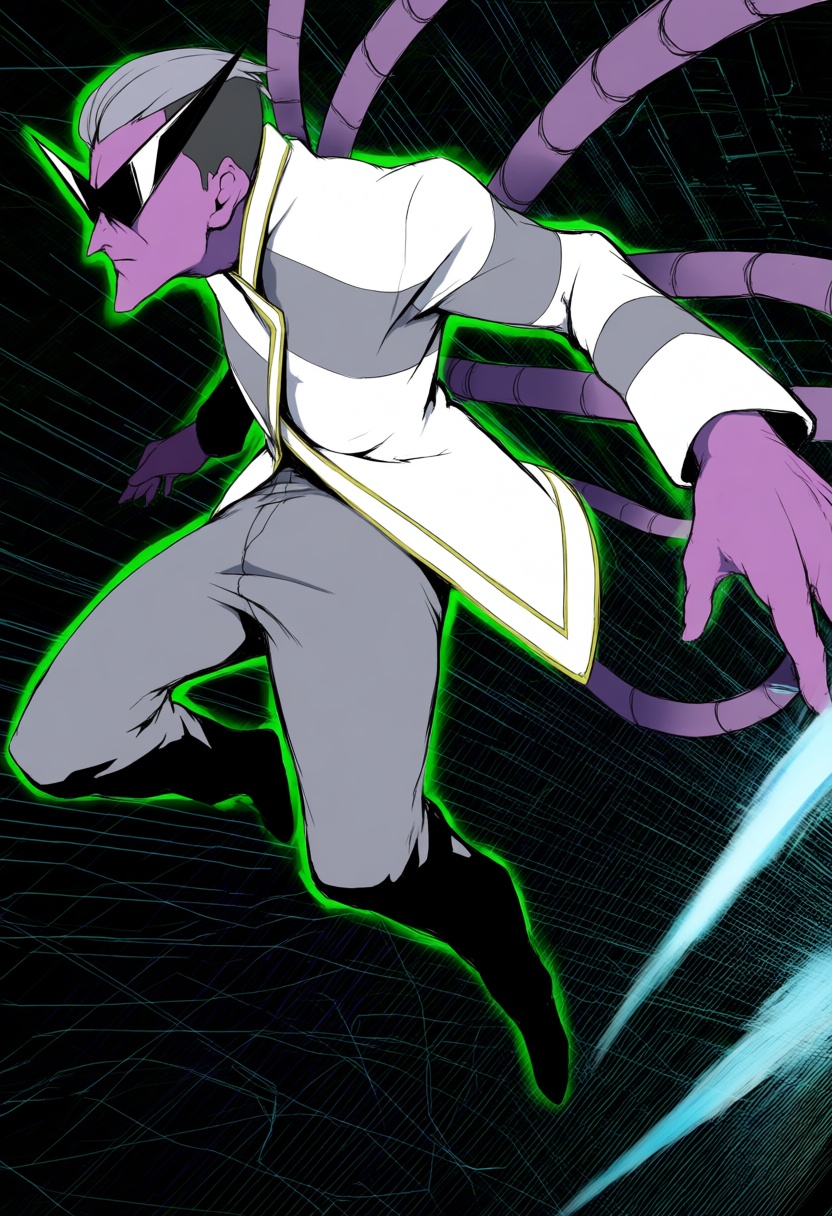 @medaka_ken'ichi,  medaka ken'ichi. This stylized digital illustration depicts HuginDD a man with purple skin,  short grey...