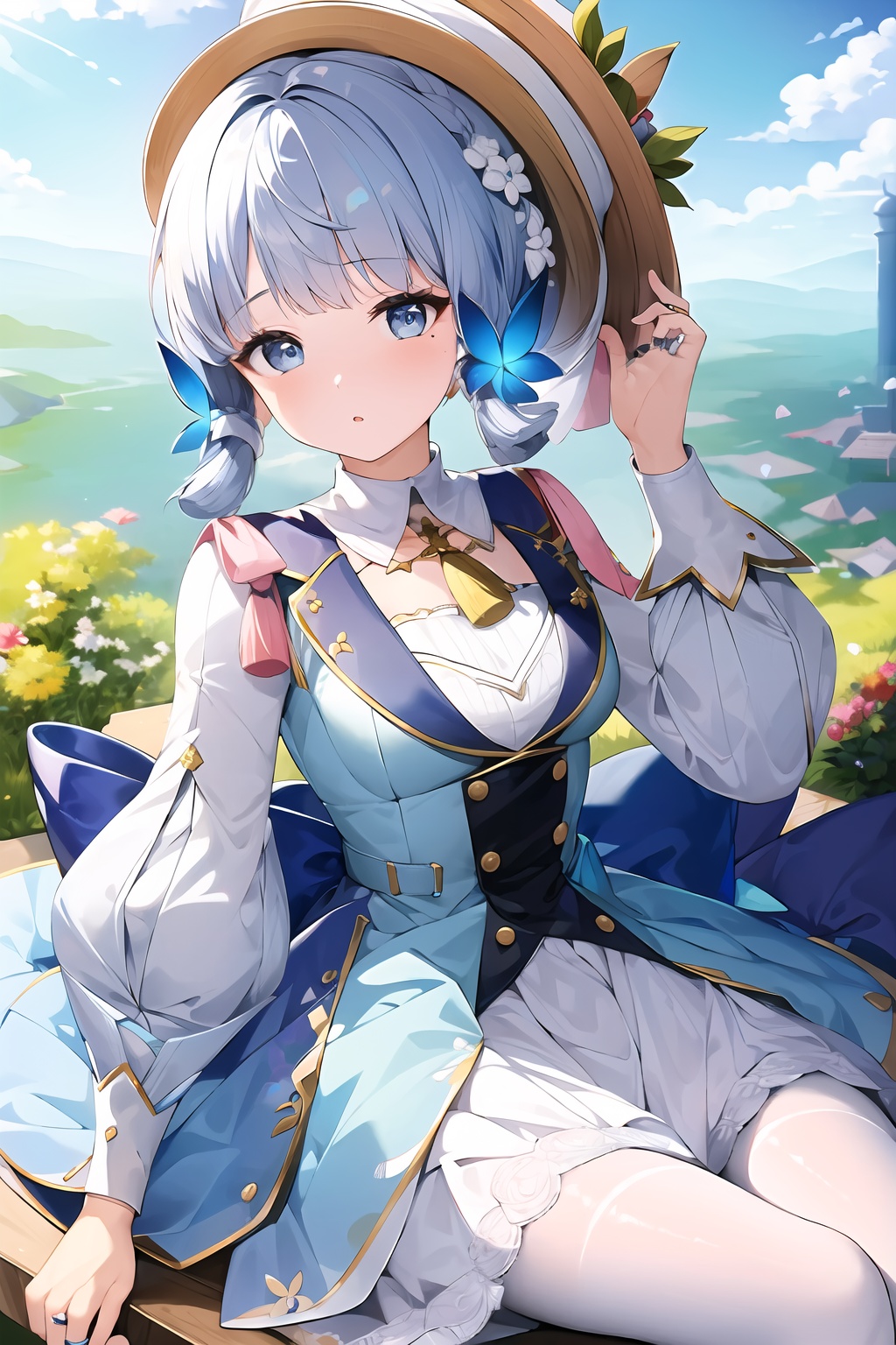 (masterpiece, best quality:1.2),insanely detailed,absurdres,ultra-highres,ultra-detailed,best quality,slender,kawaii,perfect symmetrical face,ultra cute girl,ultra cute face,ultra detailed eyes,ultra cute,ultra beautifu,<lora:kamisato ayaka-000008:1>,kamisato ayaka \(springbloom missive\),kamisato ayaka,1girl,solo,grey eyes,high heel boots,braid,blue hair,puffy sleeves,long sleeves,hair flower,mole under eye,ring,lolita fashion,butterfly hair ornament,hat,white pantyhose,blue dress,white flower,hair ornament,bow,neck ruff,tassel,looking at viewer,outdoors,sitting,lower body,:o,from above,