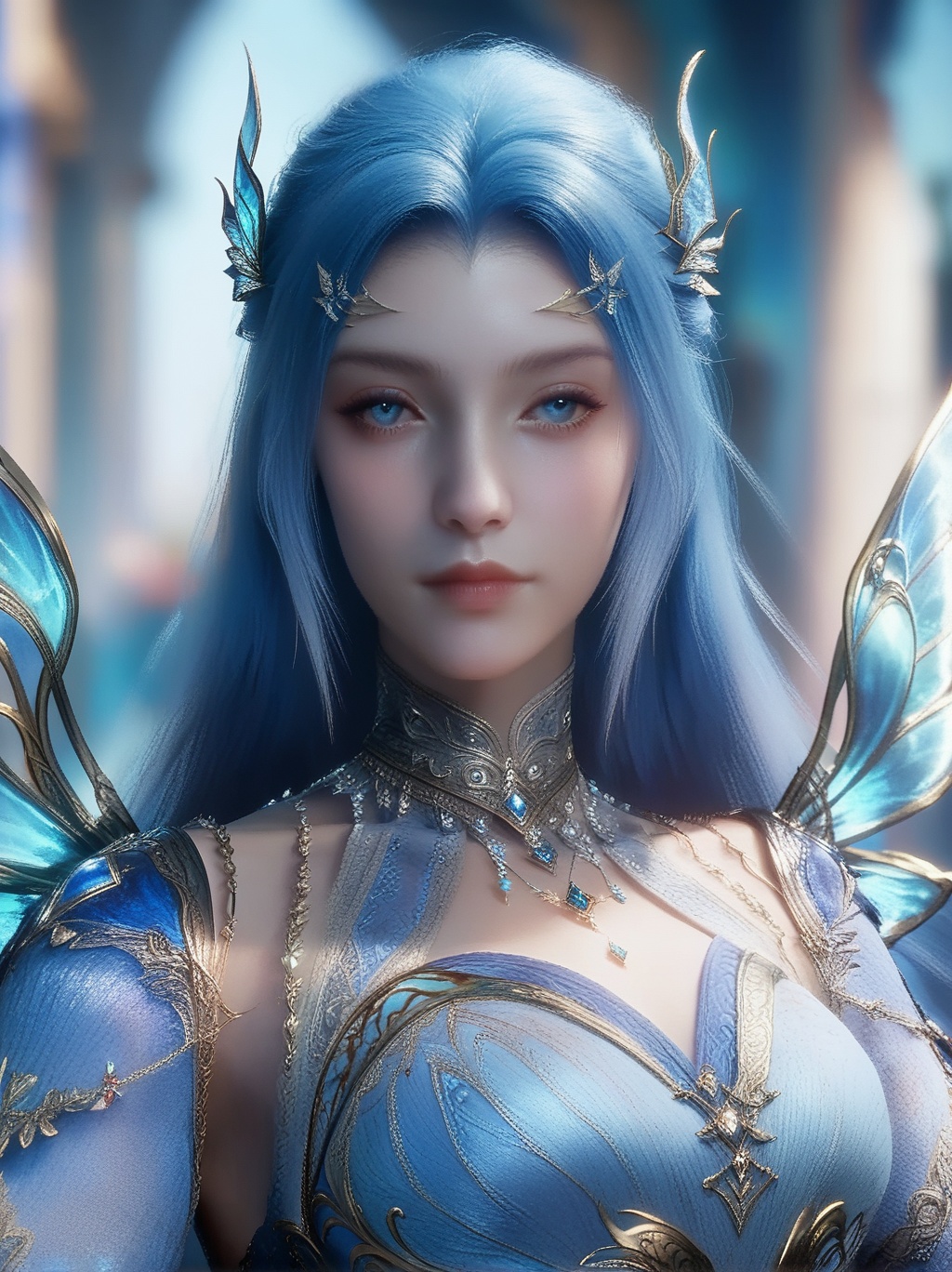 score_9_up,score_8_up,score_7_up,(portrait),(looking at viewer),1girl,solo,hair ornament,jewelry,necklace,detached collar,detached sleeves,blue long gauze dress,blue crystal wings,blurry background,depth of field,<lora:TangWuTongpony-000008:0.85>,<lora:眼部细节增强【Pony】:0.65>,<lora:Stable_Yogis_PDXL_Positives:1>,
