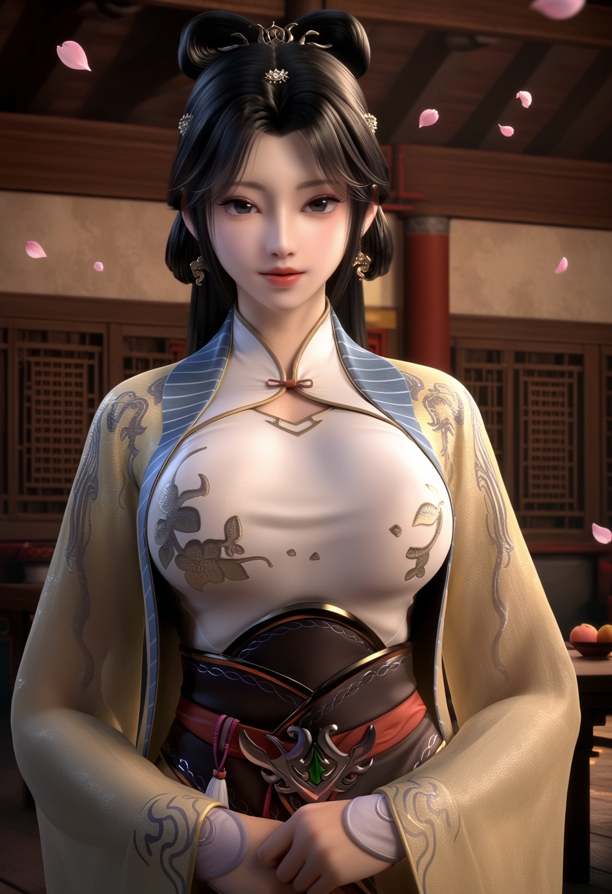 masterpiece,best quality,amazing quality,high resolution,ultra-detailed,absurdres,(looking at viewer:1.1),upper body,(Dark room:1.3),(moody lighting:1.1),peach blossom,falling petals BREAK large breasts,hanxiangxiu,1girl,solo,long hair,black hair,chinese clothes,dress,jewelry,hair ornament,realistic,earrings,black eyes,long sleeves,hair rings,shoes BREAK photorealistic details,<lora:QQSillhanxiangxiuV1:0.8>,