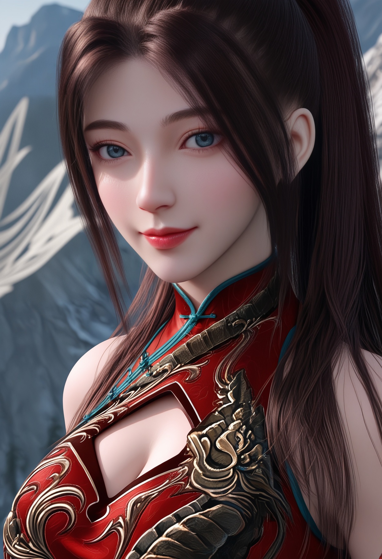 (score_9),masterpiece,best quality,absurdres,highres,upper body,<lora:e肤色滑块:0.8>,(white_skin),(Ivory_skin),light_skinBREAK1girl,solo,<lora:唐紫尘-ill-000009:0.83>,htzc,igh ponytail,long hair,brown hair,blue eyes,light smile,looking at viewer,front view,light blush,bare shoulders,clothing cutout,cleavage cutout,bracelet,china dress,(red_china dress),(large teardrop breasts),(large breasts),BREAKin winter,day,glacier,sky,(Cinematic Lighting:1.1),outdoors,