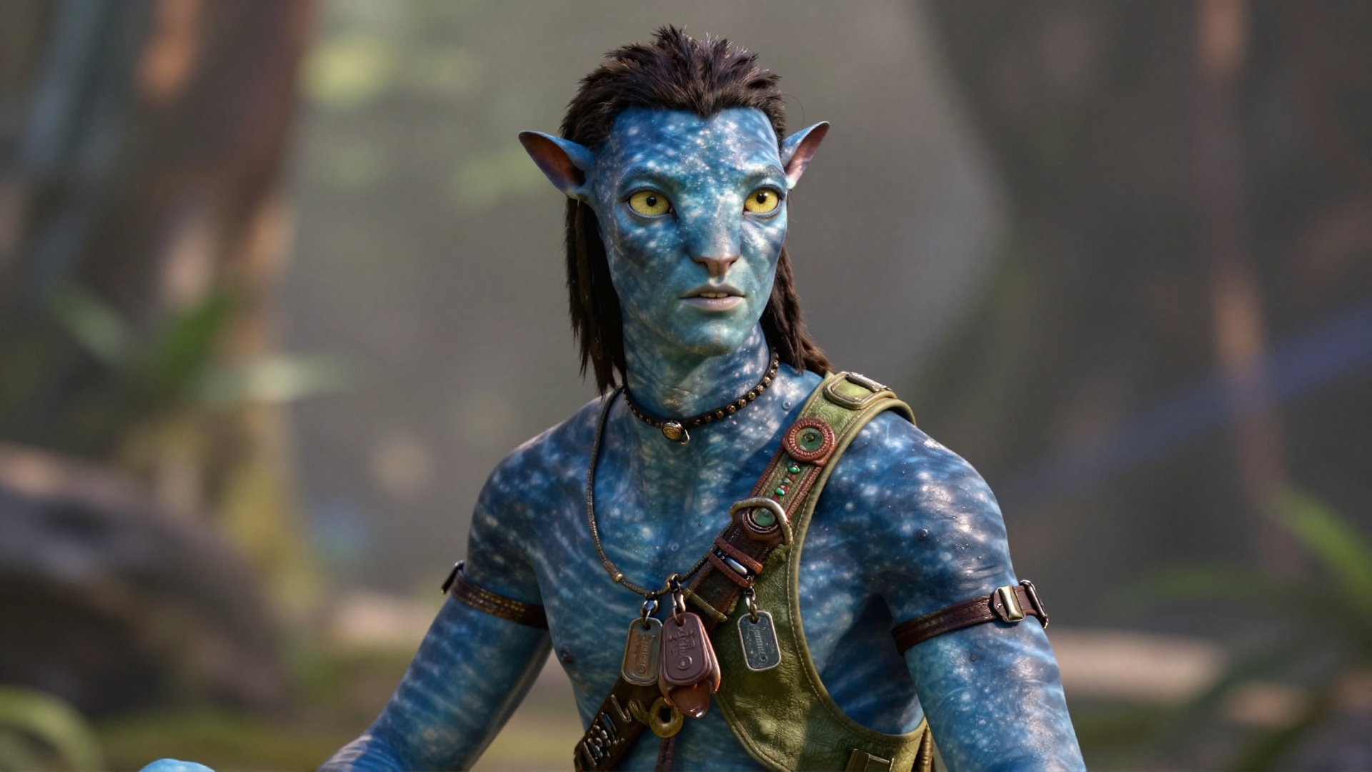 cinematic film still of cinematic style In 2154 on planet Pandora Navi blue skin indigenous species a man with blue skin a...
