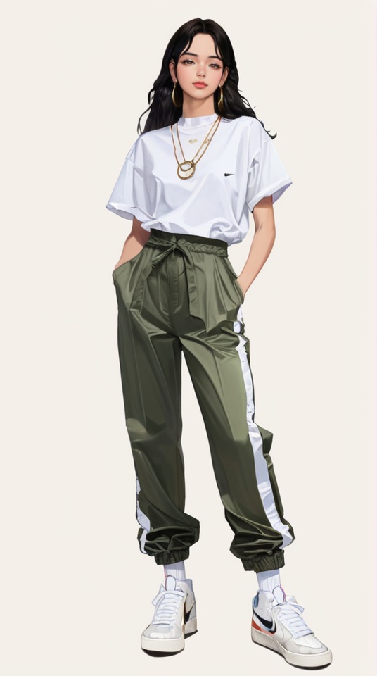 (best quality), ((masterpiece)), (highres), illustration, original, extremely detailed,<lora:韩の时尚衣橱:0.7>1girl, solo, jewelry, white background, black hair, simple background, shirt, full body, white shirt, necklace, earrings, brown eyes, shoes, looking at viewer, pants, long hair, short sleeves, sneakers, standing, hands in pockets, hoop earrings, white footwear, nike, closed mouth, hair behind ear