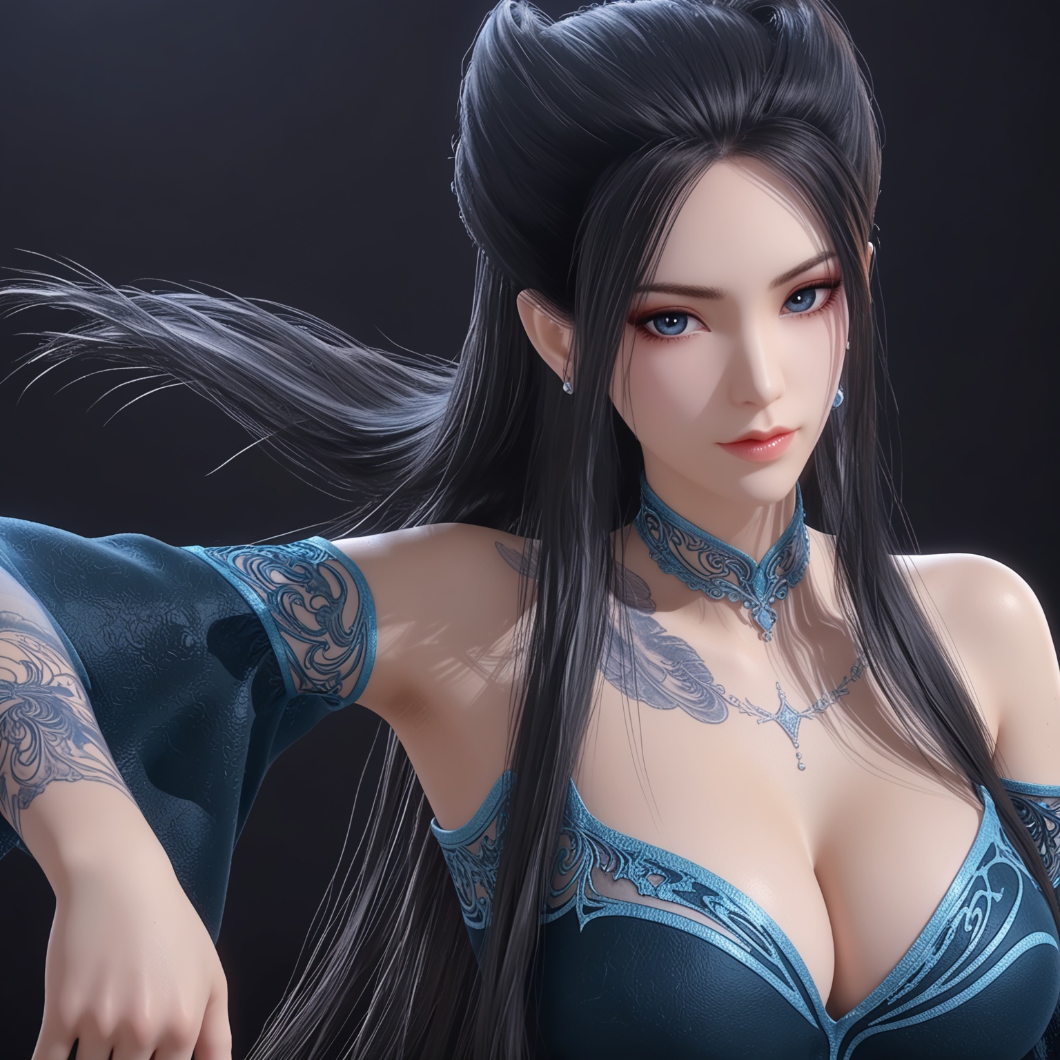 1girl,solo,<lora:ponyyanlingjilanyiV3:0.7>,black_hair,long_hair,dress,bare_shoulders,score_9,breasts,blue_eyes,realistic,cleavage,hair_bun,detached_sleeves,jewelry,blue_dress,earrings,high_heels,black_dress,piercing,tattoo,ear_piercing,shoes,footwear,BREAK score_9,upper_body,portrait,shiny_skin,looking at viewer,cinematic lighting,volumetric lighting,solo focus,(huge breasts:0.9),(simple background,pure black background,black background:1.1),