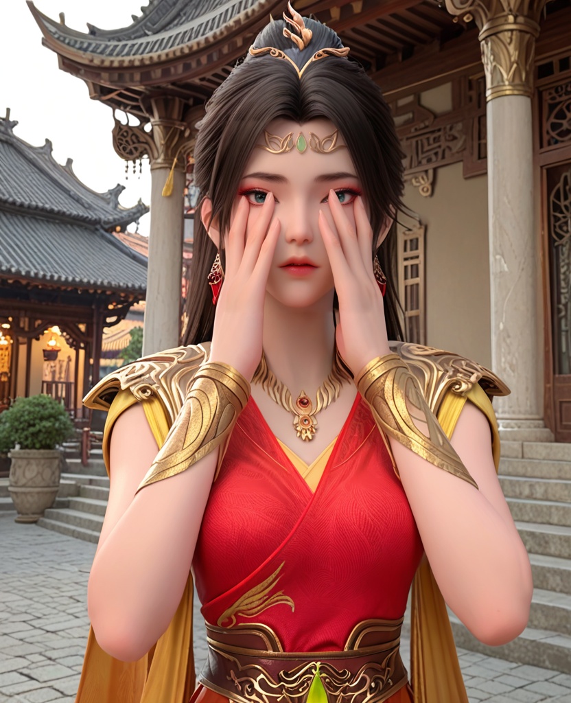 (oriental architecture, elegant decor, sophisticated style:1.1),(Hands on face, covering eyes,:1.1),(breasts:1.2),<lora:XL神墓东方凤凰:0.95>,miss dongfangfenghuang,red dress,sash,pauldrons,necklace,blue eyes,black hair,hair ornament,hair bun,earrings,jewelry,shawl sleeves,bracer,, score_9,score_8_up,score_7_up,score_6_up,score_5_up,score_4_up,3d rendering,tag1,tag2, Cinematic Lighting,backlighting,
