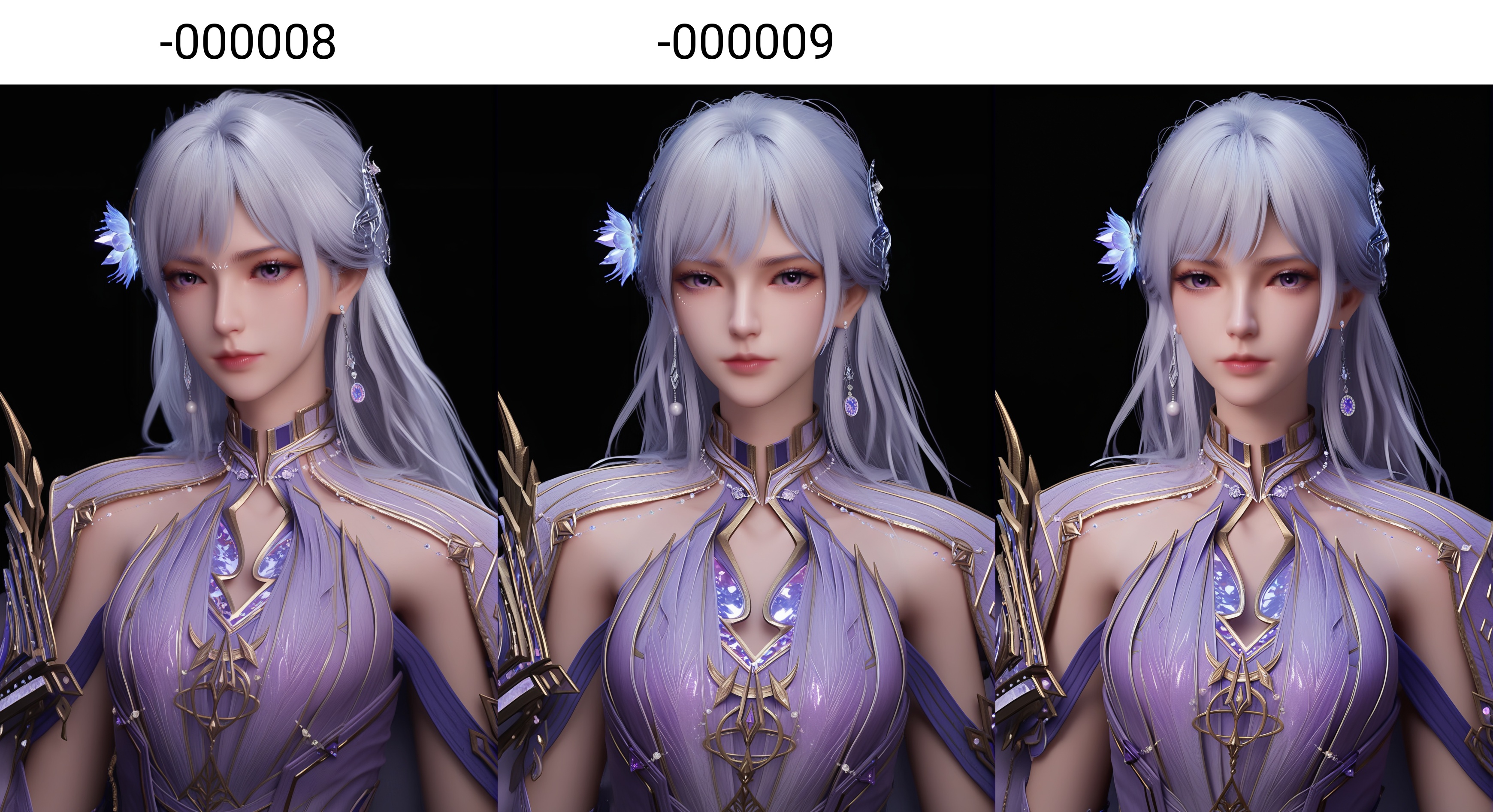 (score_9),<lora:圣彩儿-apony-000008:0.83>,caier,solo,1girl,long hair,jewelry,hair ornament,earrings,hair flower,white hair,lips,chinese clothes,shoulder armor,belt,forearm sleeve,long dress,pelvic curtain, <lora:Expressive_H-000001:0.8>,(soft purple eyes),purple eyes,light blush,looking at viewer,front view,(mature_female),collarbone,(glamor:1.2),curvy,pointy breasts,puffy breasts,<lora:e肤色滑块:0.35>,((white_skin)),<lora:RealisticSkinv1_ponyv6_loraplus:0.25>,real skin,realistic,simple background,black background,ultra-detailed skin texture,detailed textures,4K ultra HD,high detail,
