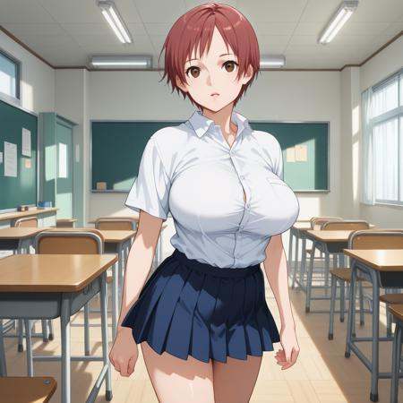 dynamic composition, detailed, very aesthetic, kei_kishimoto, brown eyes, red hair, short hair, large breasts, white shirt, collared shirt, buttons, blue skirt, miniskirt, pleated skirt, class room,  <lora:KeiKishimoto_Illu_Dwnsty:1>