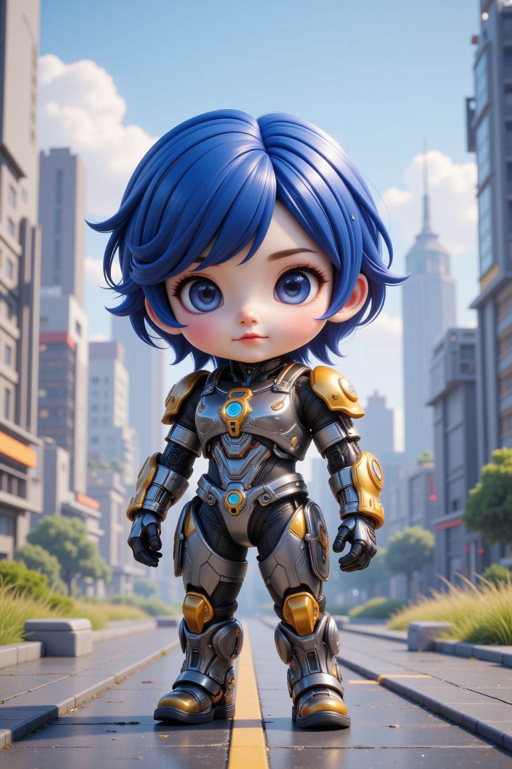 full body, chibi, 1boy, solo, blue hair, blue eyes, looking at viewer, bodysuit, armor, boots, joints, science fiction, robot joints, cyber city, cyberpunk, outdoors, battlefield