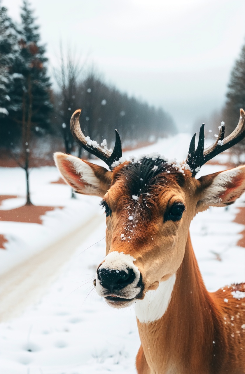 masterpiece,best quality,(absurdres:1.2),snowflakes,winter,grass,depth of field,deer,snow,cloudy sky,