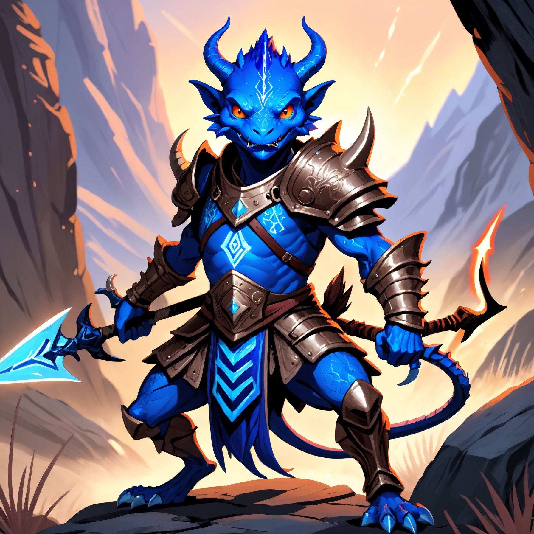 Illustration of a cobalt-colored kobold warrior depicted in full battle gear,  wielding a menacingly sharp spear and weari...