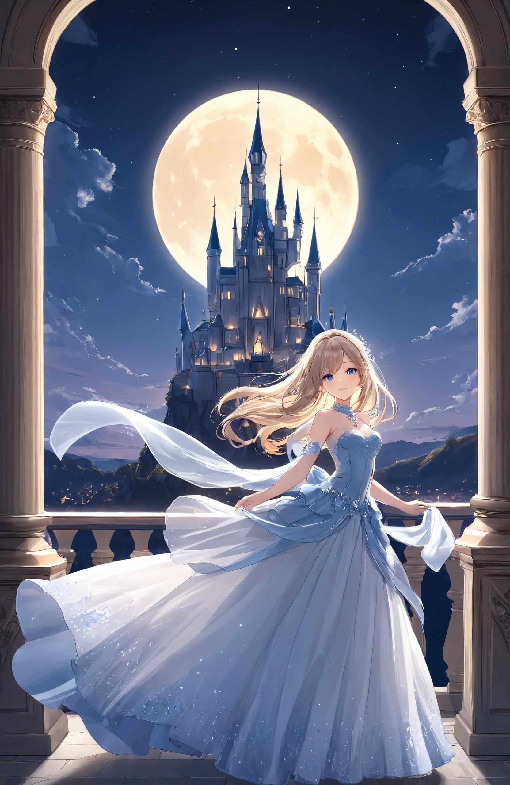 "Whimsical fantasy anime art style, featuring a young girl in a flowing, delicate gown adorned with intricate lace, standing on a balcony overlooking a floating castle. The scene is bathed in the soft, silvery light of the full moon, with the castle illuminated by glowing magical runes. The night sky is filled with twinkling stars, and the girl's hair gently sways in the breeze, adding to the ethereal atmosphere."