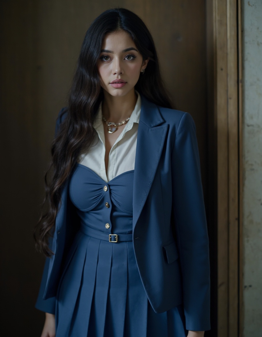 HDR photo of cinematic film still, 1girl, small mouth, solo, large breasts, long hair, jewelry, necklace, long sleeve dress, blue suit, white collared shirt, pleated dress, short skirt, looking at viewer, dress, pale skin, full body,