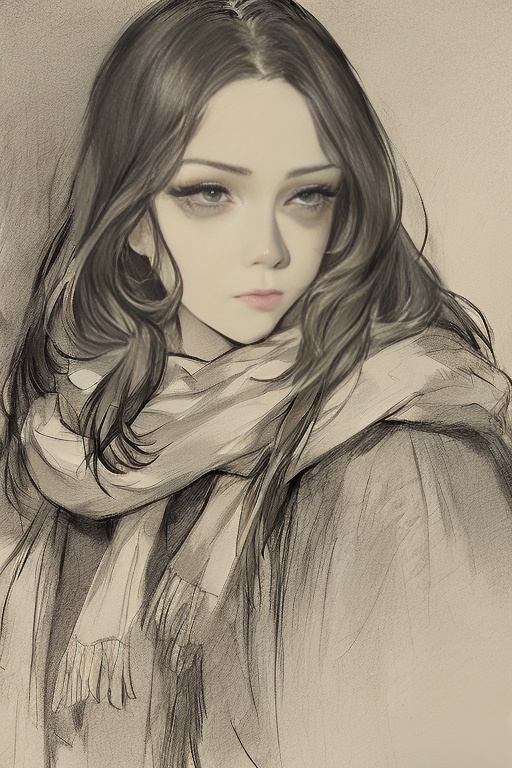 Colorful lead painting style,sketching style,a long haired woman with a scarf around her neck and a serious expression on her face,looking to one side and drawing with a pencil,masterpiece,best quality,<lora:smmx-000006:0.8>