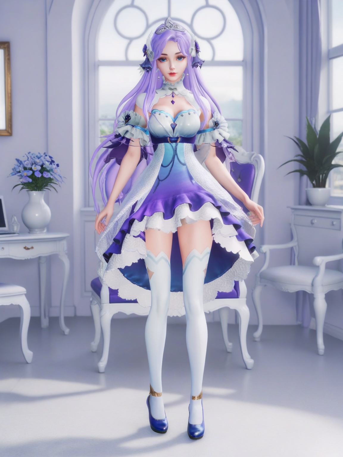 score_9,<lora:SF_DaQiao_ZAHJ_Pony_Realism2.3-000004:0.7>,1girl,SFDaQiao,solo,breasts,looking at viewer,dress,hair ornament,purple hair,long hair, lipstick,makeup,eyelashes,eyeshadow,thighhighs,standing,blue footwear,white thighhighs,chair,window,indoors,flower flower pot,
