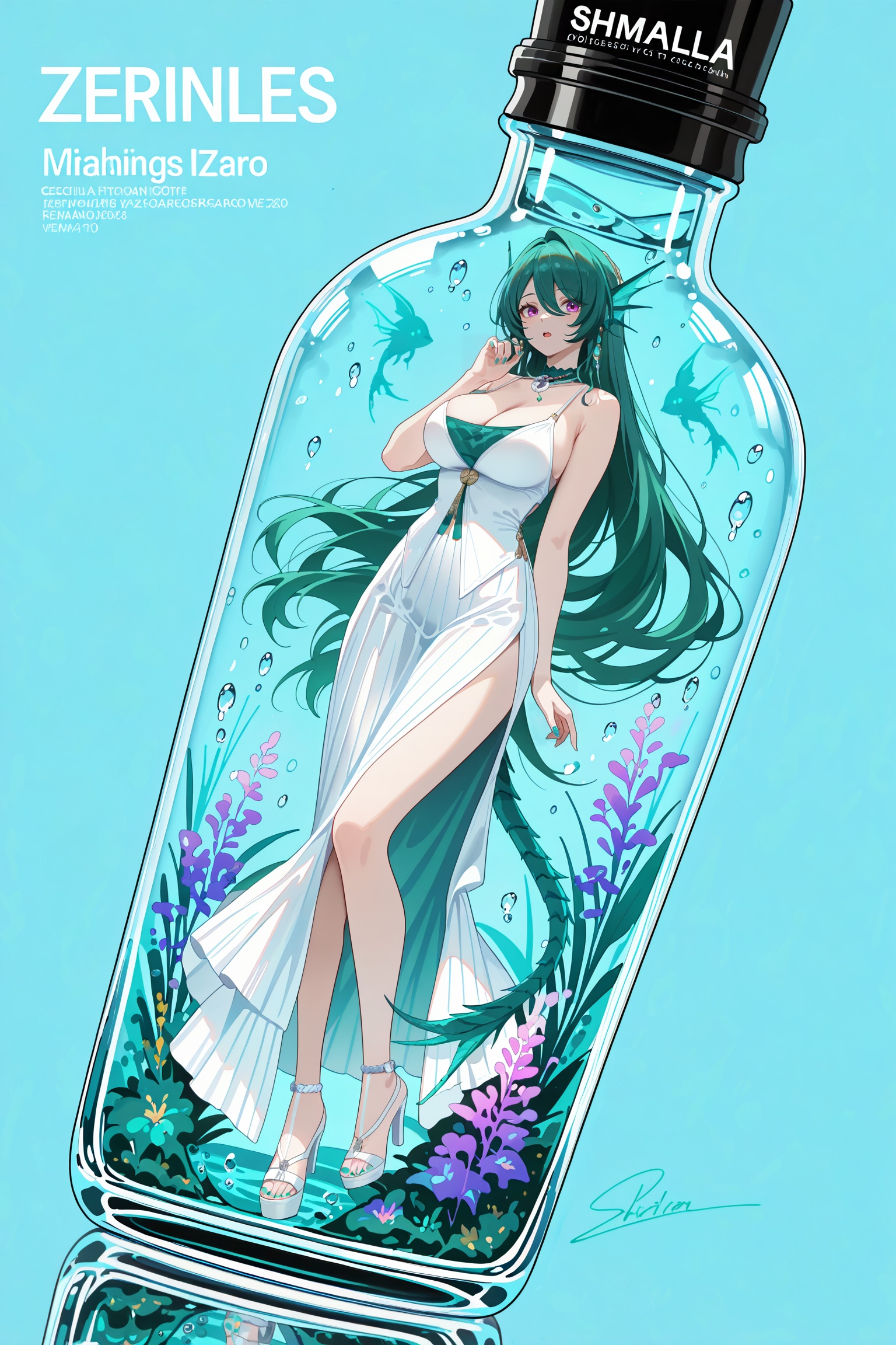 masterpiece,best quality,good quality,1girl,::,__artist__,year 2024,(blending:1.4),(limited palette:1.2),(no lineart:1.2),(flat color:1.2),(light blue background:1.2),(spot color:1.2),dutch angle,minimalism,silhouette,flat color,open mouth,no lineart,breasts,limited palette,signature,very awa,masterpiece,best quality,newest,highres,absurdres,<lora:add-detail-xl:0.8>,<lora:jijia-gnoobv-Tanger-000014:0.7>,jijia,2d,anime,1girl,solo,looking at viewer,in container,see-through,standing,hand up,character name,black background,reflection,copyright name,gradient,a glass bottle with a picture of a woman on it,a picture of a girl inside a clear container with a bunch of stuff in it,interval glass,inside the container,glass separation,<lora:Cecilia-ill-Tanger-000013:0.8>,Cecilia \(Zenless Zone Zero\),siren,clothes: Ceciliadef dress,1girl,long hair,breasts,bangs,large breasts,dress,cleavage,jewelry,very long hair,purple eyes,green hair,nail polish,high heels,white footwear,toenail polish,tail,