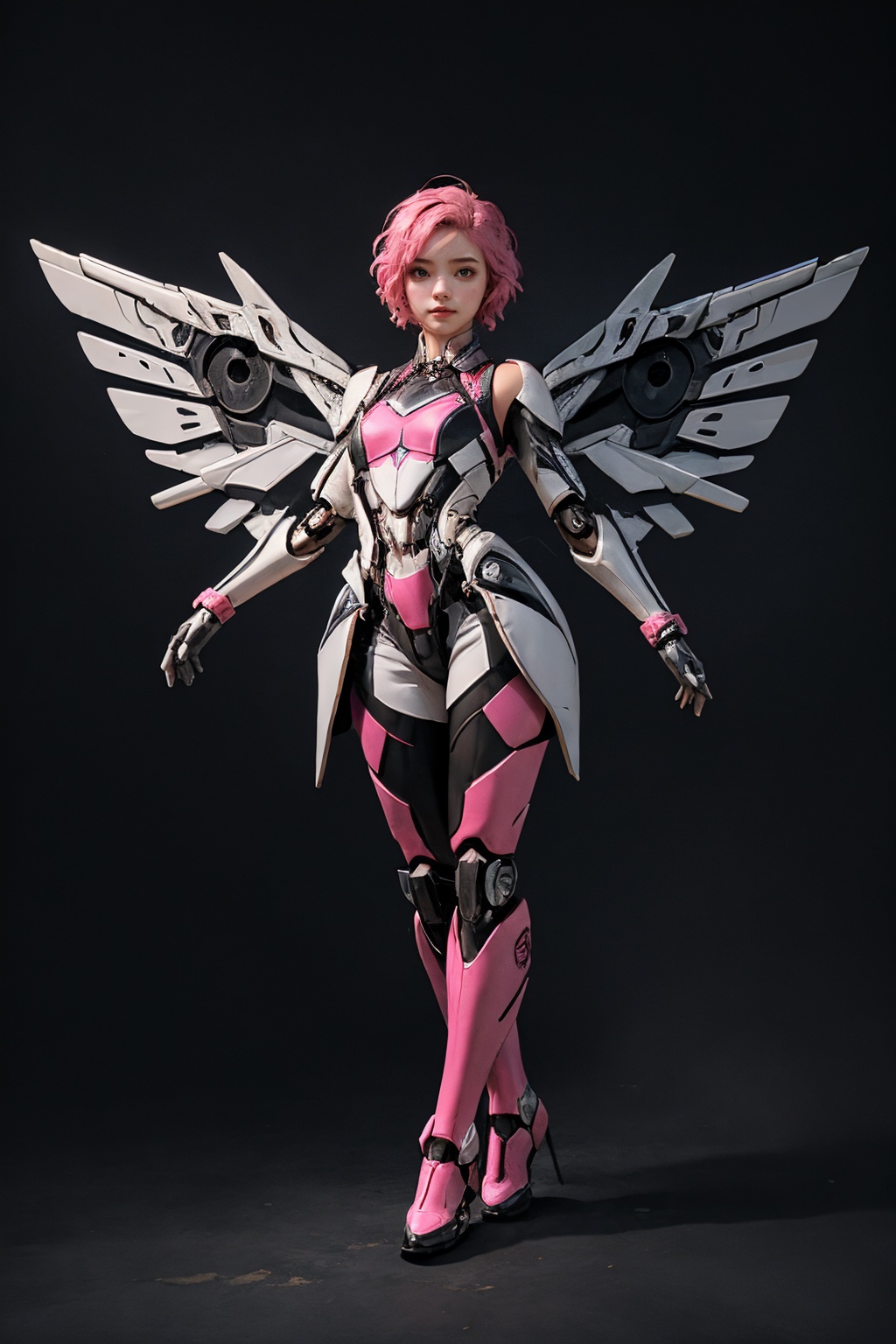 1girl,solo,Pink split short hair,full body,mechanical wings,standing,pose,<lora:莉达VS天启姬-000018:0.6>,, masterpiece, best quality,