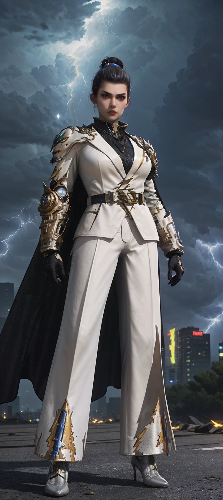 1girl,solo,big eyes,forehead,red lips,serious,(stare),black hair,(single hair bun),hair ornament,jewelry,suit,long sleeves,(long cape),chainmail,(armor:1.2),(arm armor:1.2),shoulder armor,plume,belt,pants,gloves,plume,belt,pants,(black socks:1.3),(white high_heels:1.3),(clenched hands:1.2),(looking at viewer),(full body:1.1),(from below:1.2),((lightning:1.5)),(thunder storm),cyberpunk \(series\),(on torn road),(steampunk cityscape:1.2),skyscraper,(at night:1.2),(outdoors),3d,game cg,(Cinematic Lighting),(skin gloss),(perfect skin),Highly detailed,(ultra-detailed),hatching \(texture\),(8k,best quality,huge filesize,masterpiece:1.5),<lora:斗罗大陆2-仙琳儿:0.65>,<lora:细节调整2.0:0>,