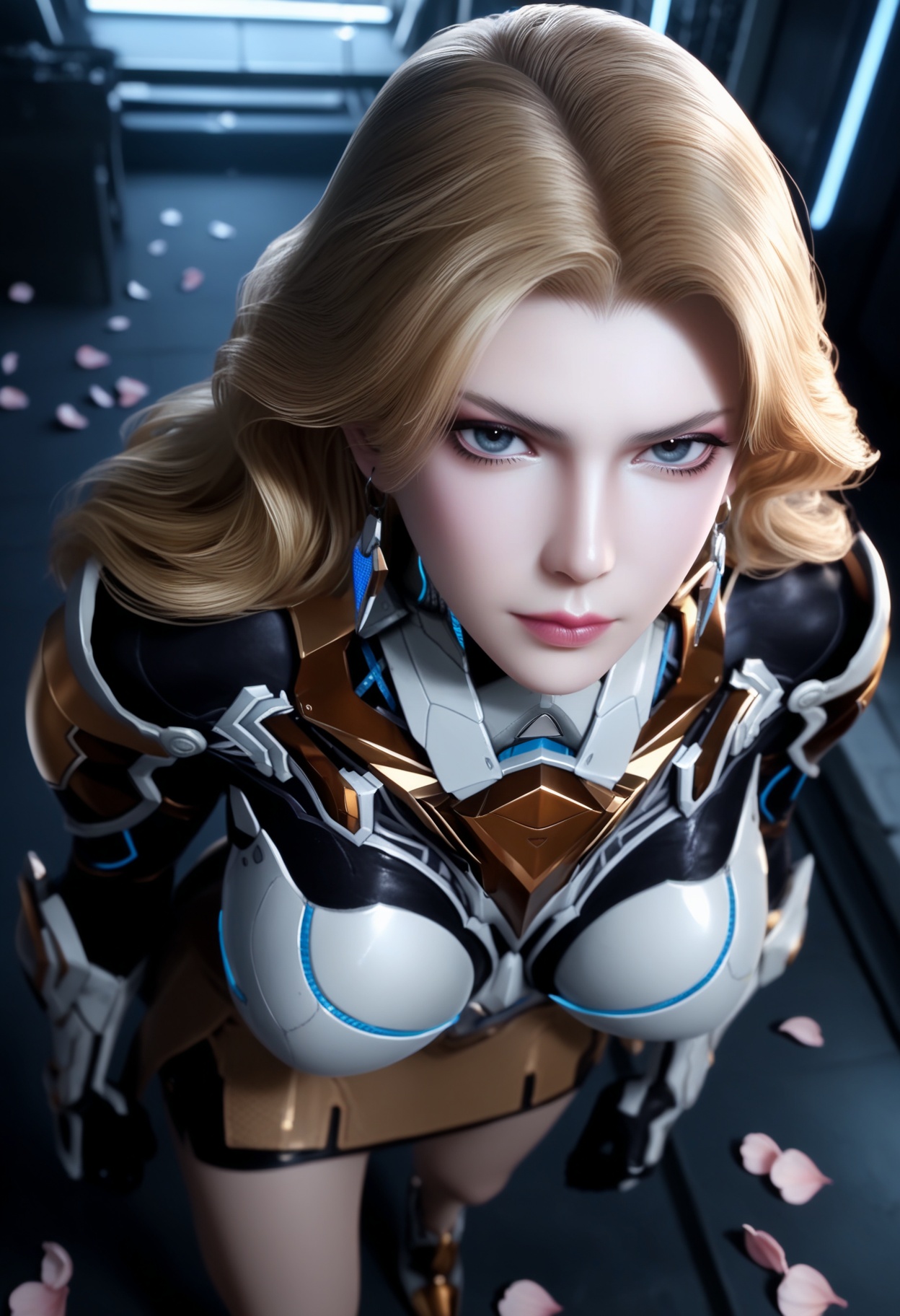 masterpiece,best quality,amazing quality,very aesthetic,high resolution,ultra-detailed,absurdres,scenery,photorealistic,(looking at viewer:1.1),upper body,(Dark room:1.3),(moody lighting:1.1),peach blossom,falling petals,large breasts,weinina,1girl,solo,blonde hair,long hair,earrings,jewelry,armor,bodysuit,blue eyes,realistic,skirt,high heels BREAK photorealistic details,<lora:QQSillweininaV2:0.8>,