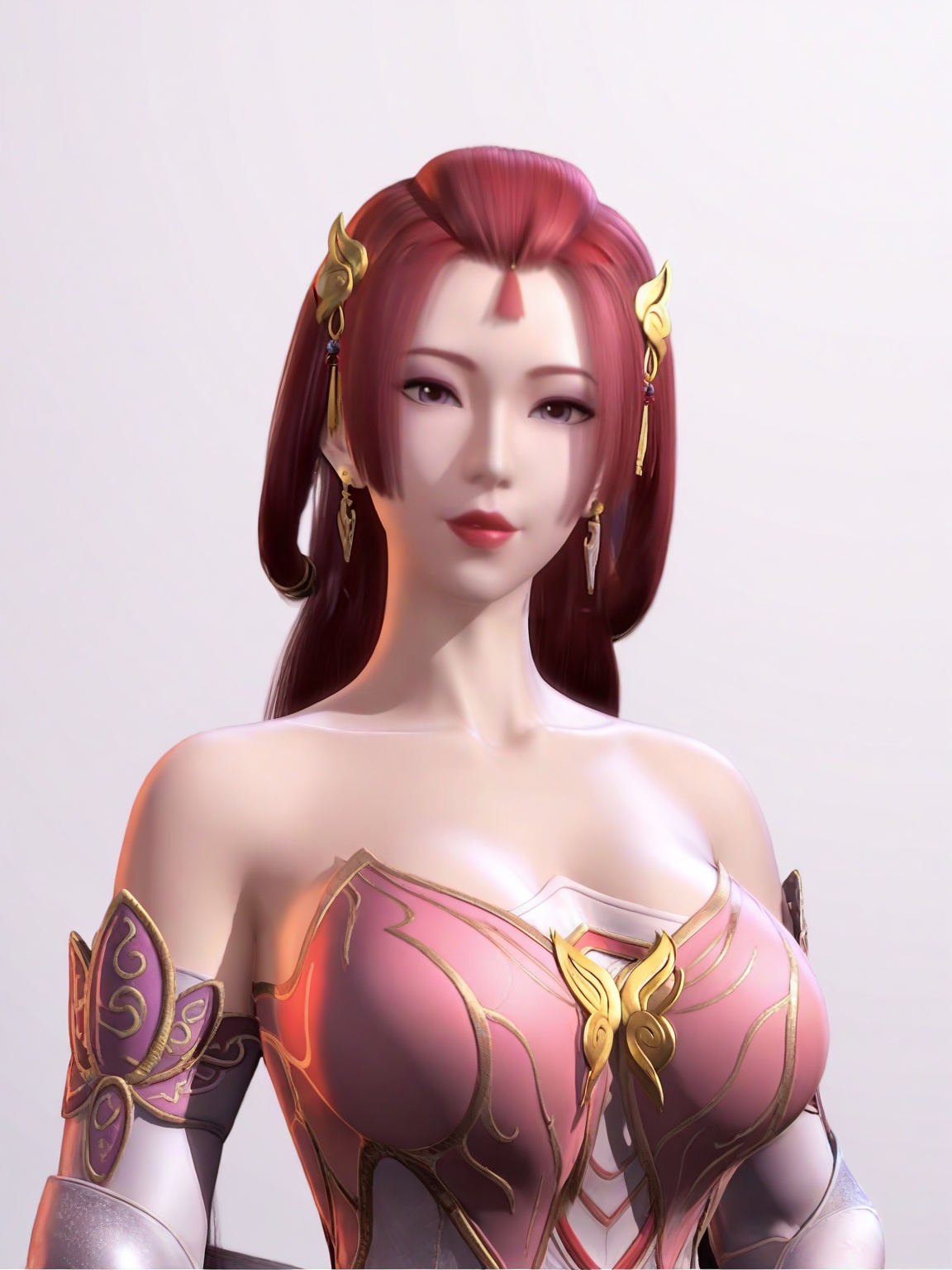 score_9,1girl,solo,dress,long hair,standing,forehead mark,long hair,red hair,earrings,hair ornament,bare shoulders,large breasts,detached sleeves,standing,lipstick,upper body,looking at viewer,white background,<lora:SF_HuMeiRen_Pony_Realism2.3:0.7>,